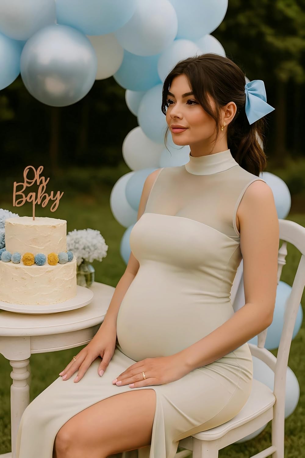 Dedysler Maternity Dress for Baby Shower Photoshoot Mock Neck Sleeveless Bodycon Pregnancy Dress Wedding Guest Mesh Maxi