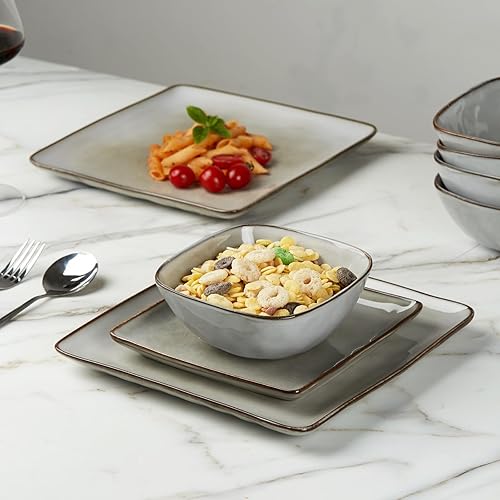 Miniatura 9 de Famiware Juego de platos y cuencos cuadrados oceánicos, juegos de vajilla de 15 piezas para 4, 3 platos rectangulares para servir, color gris