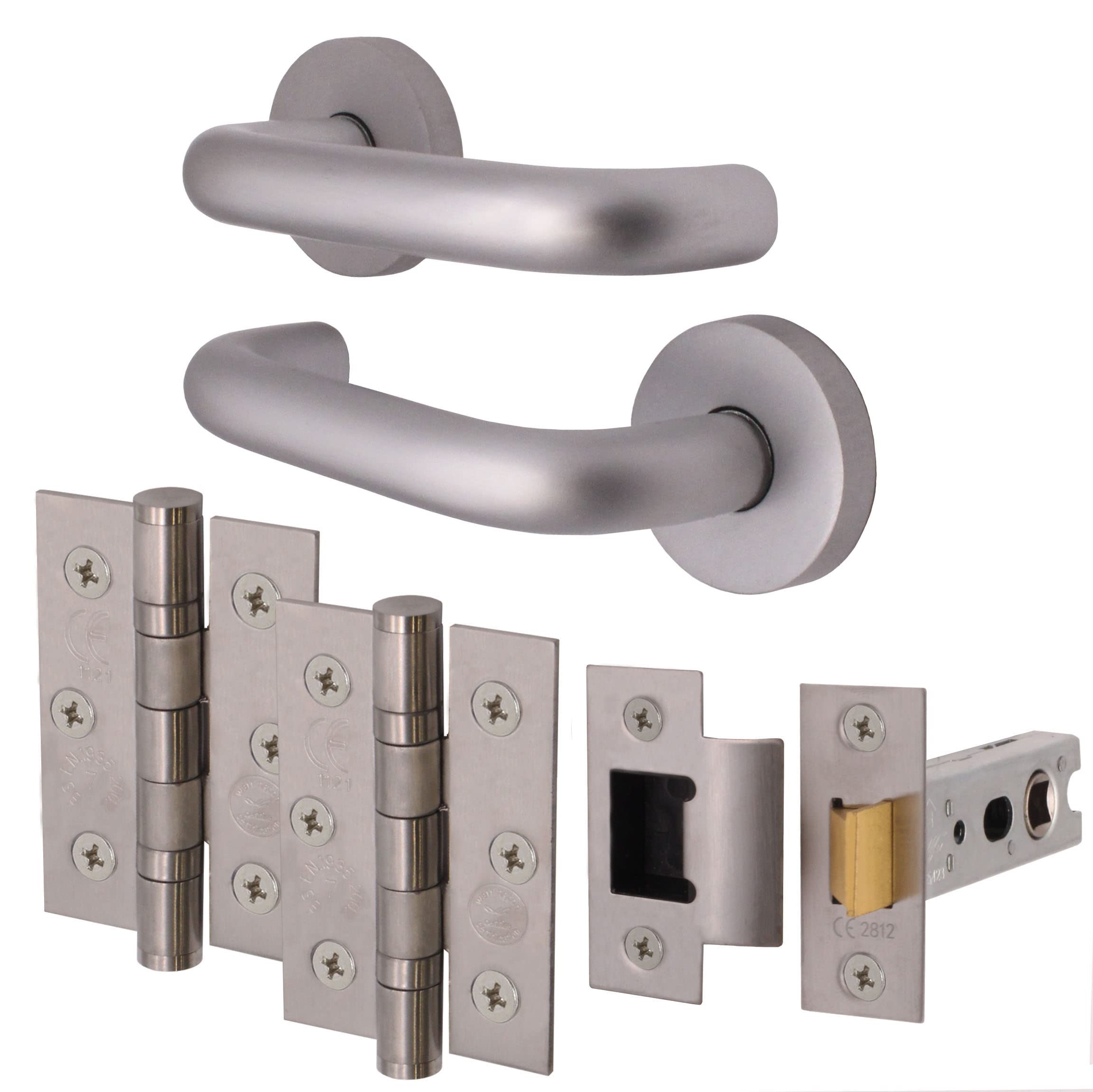 EAI Return to Door Lever on Rose Handle, Hinges & Latch Kit | Aluminium | 76mm Latch & 76mm Hinge