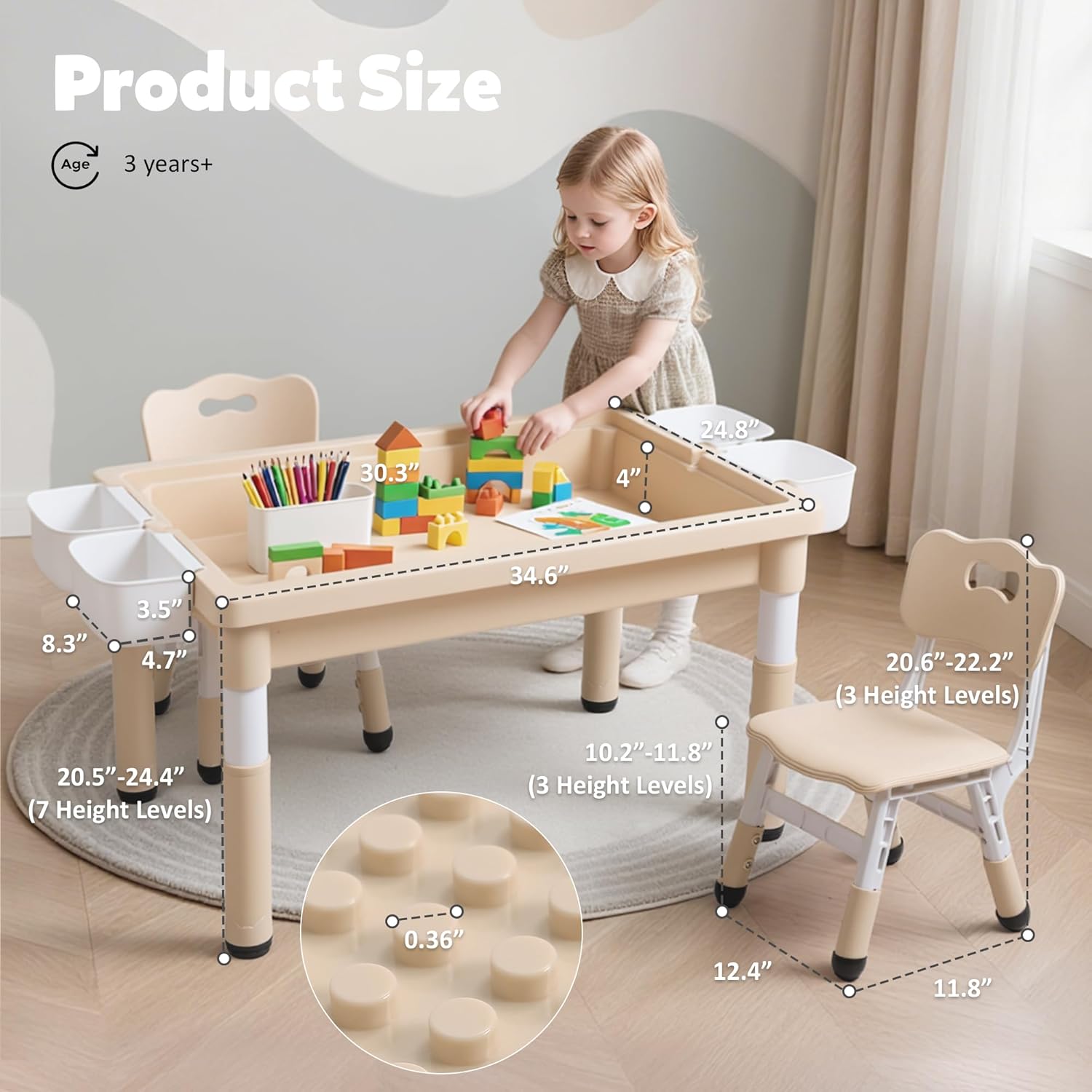 Kids Table and Chairs Set Large Storage, Height Adjustable Toddler Activity Table and 2 Chairs Set, 34.6x24.8" Graffiti/Block Building Desktop, 4 Side Boxes, Kids desk for Home, Preschool, Classroom