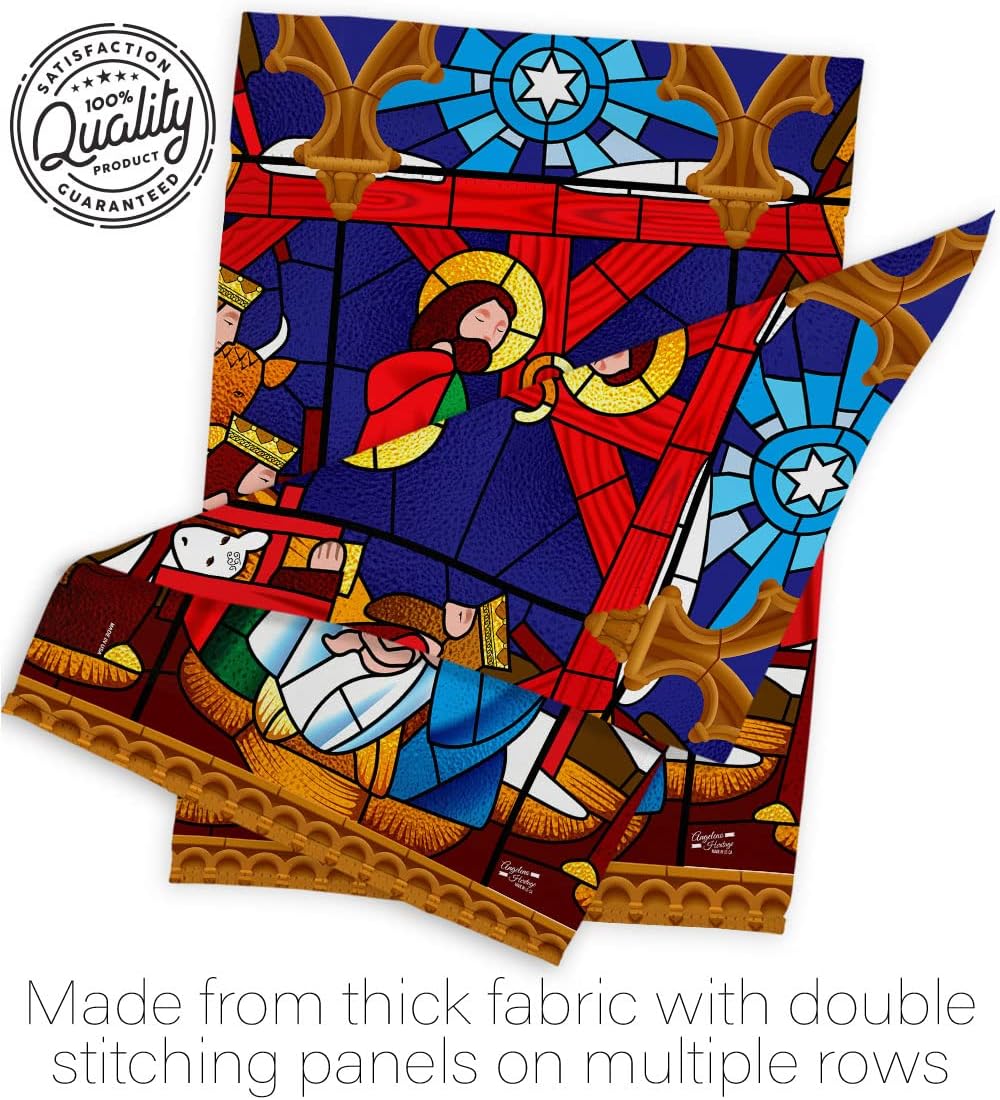 Stained Glass Nativity Garden Flag - Set Wall Holder Winter Three King Religious Holy Family Season Wintertime Christian - House Decoration Banner Small Yard Gift Double-Sided Made In USA 13 X 18.5