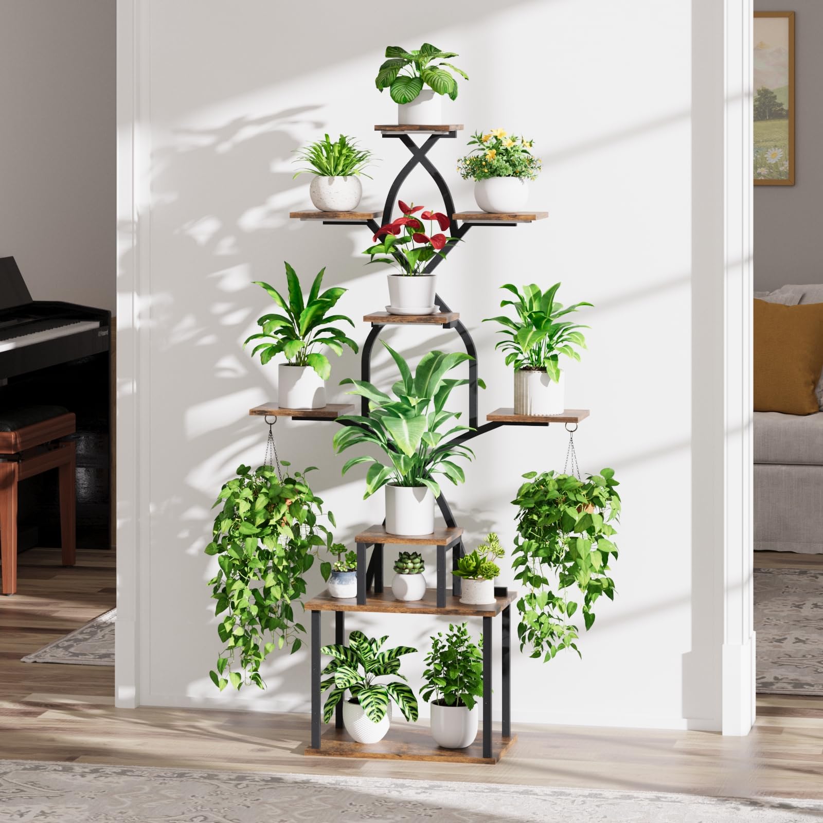 BACEKOLL Étagère à fleurs avec lumière de croissance - Support de fleurs à 9 niveaux - 162 cm - En métal et bois - Pour l'intérieur et l'extérieur - Noir - Pour l'intérieur, le jardin, le balcon
