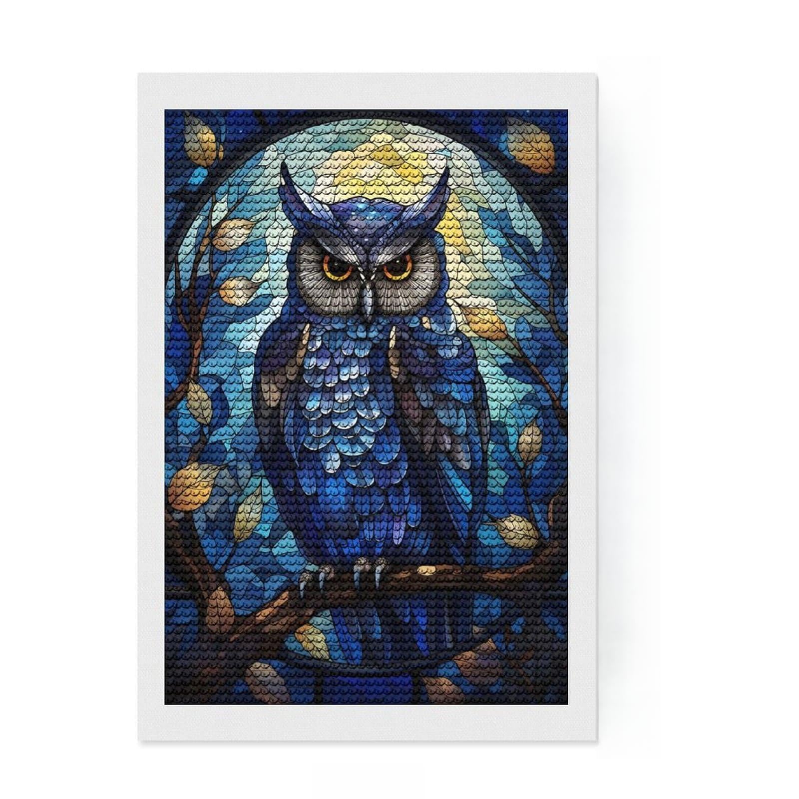 Junmoney Owl Stained Glass DIY Diamond Art Canvas Kit 8"x12", Sparkling Crystal Beads, Modern Decor, Boho Decor, Christmas Gift