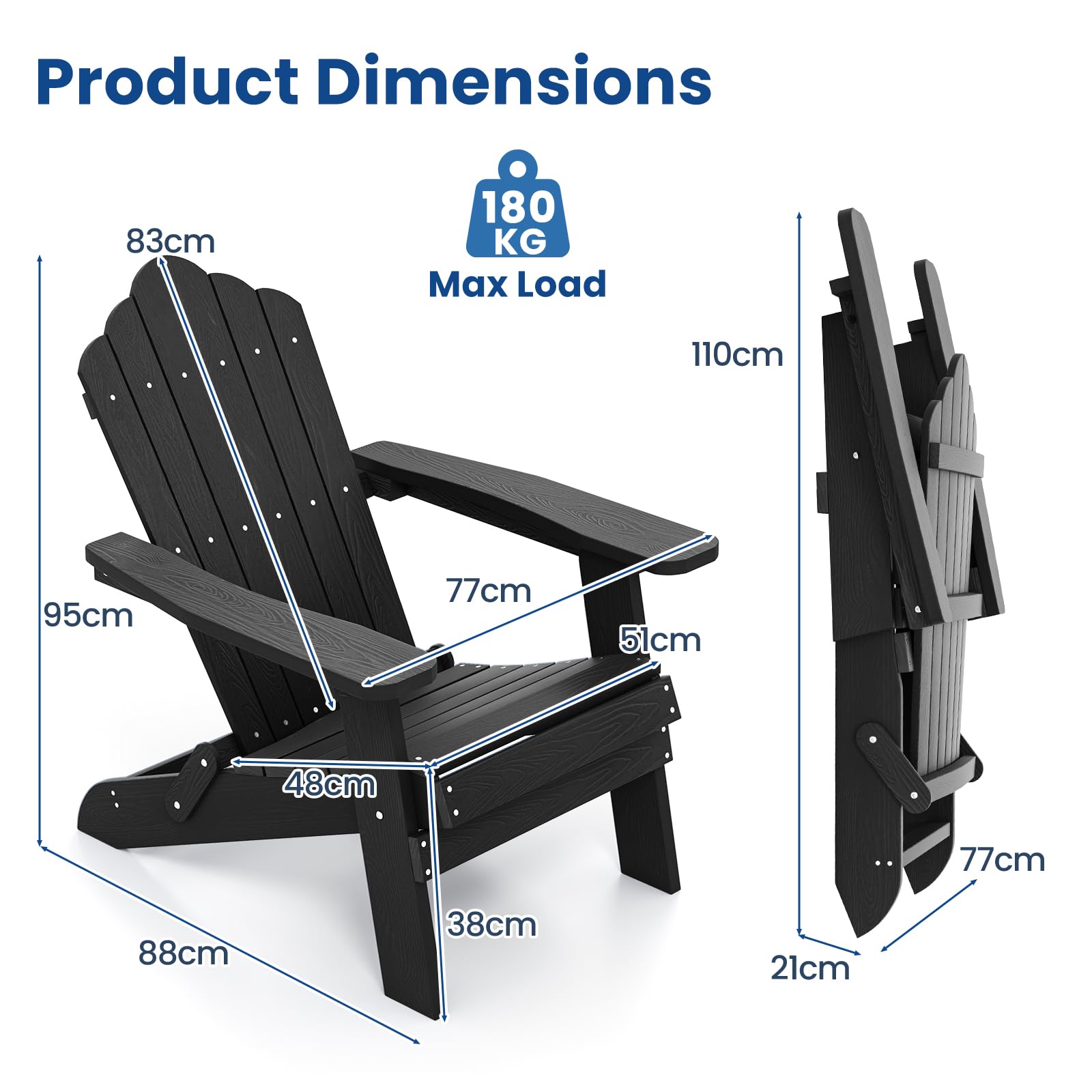 KOMFOTTEU Adirondack - Sedia pieghevole, sedia da giardino con schienale inclinato e braccioli larghi, poltrona ergonomica con carico di 180 kg, seduta esterna per balcone, terrazza (nero)