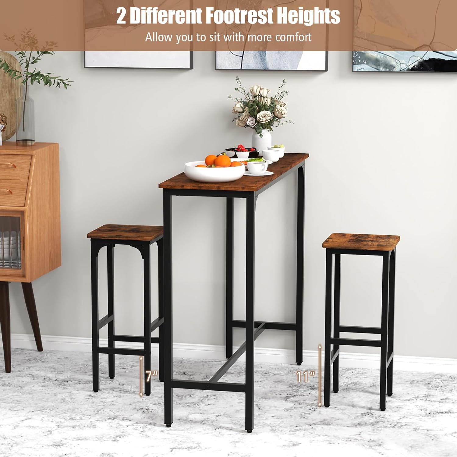 Set of 2 Black and Rustic Brown Adjustable Wood and Metal Bar Stools