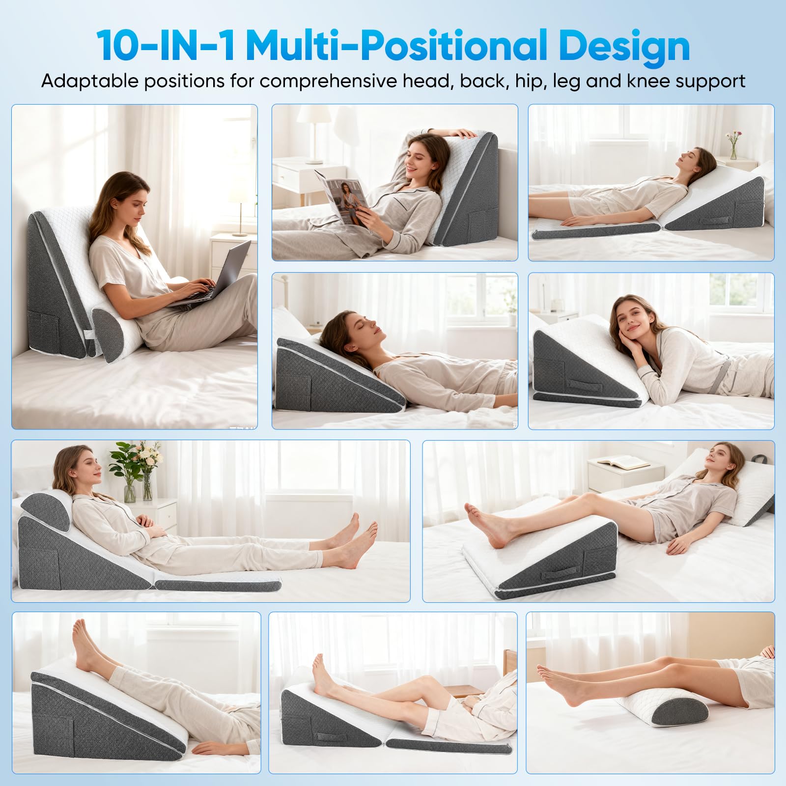 Verstellbares Keilkissen, Lesekissen für Bett und Sofa, Ergonomisches Rückenlehne Kopfkissen mit Memory-Schaum für Rückenunterstützung beim Entspannen, Spielen, Lesen oder Fernsehen