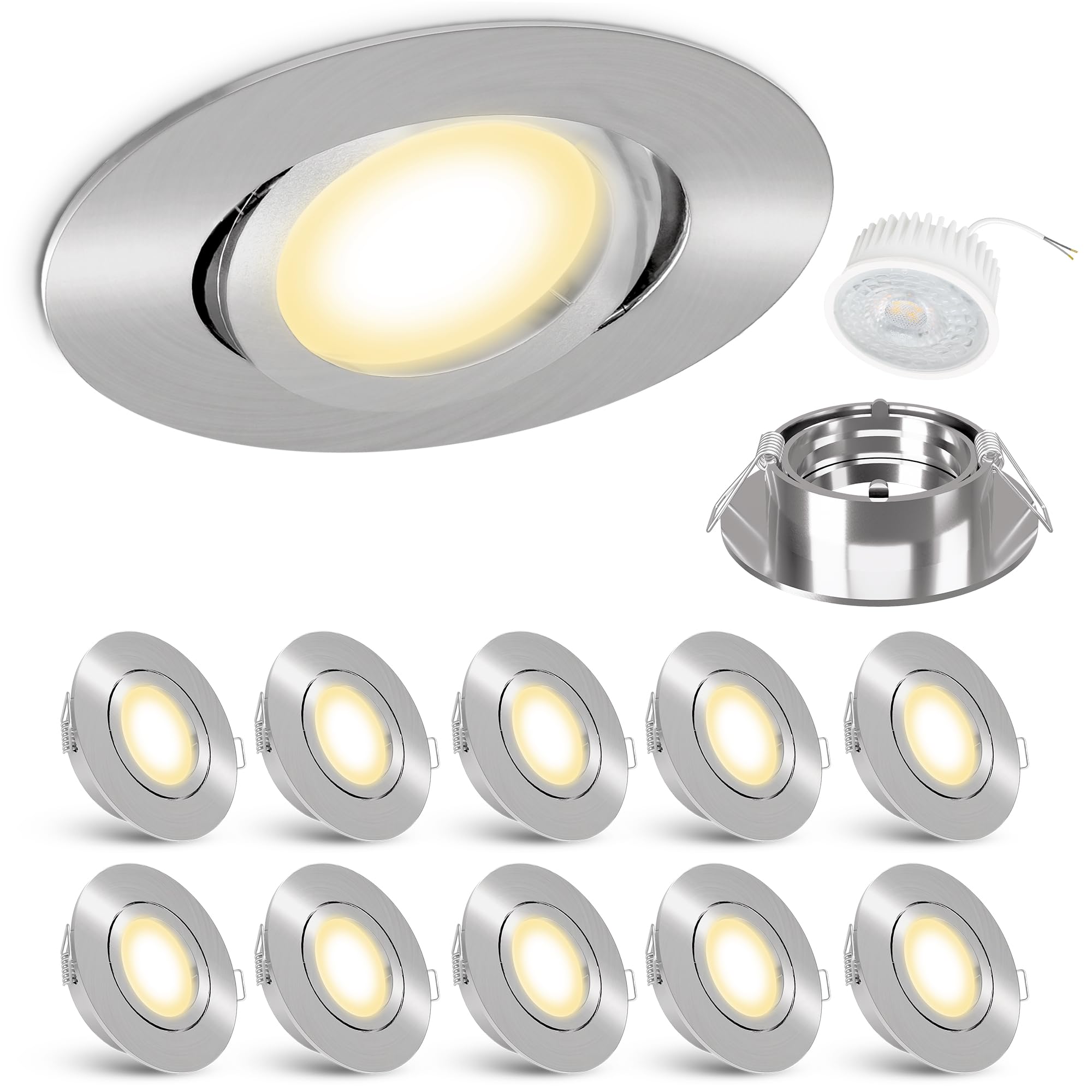 linovum 10er Set extra flache LED Einbaustrahler flach (34mm) Downlight in rund schwenkbar Edelstahl Optik mit 4W LED Modul warmweiß