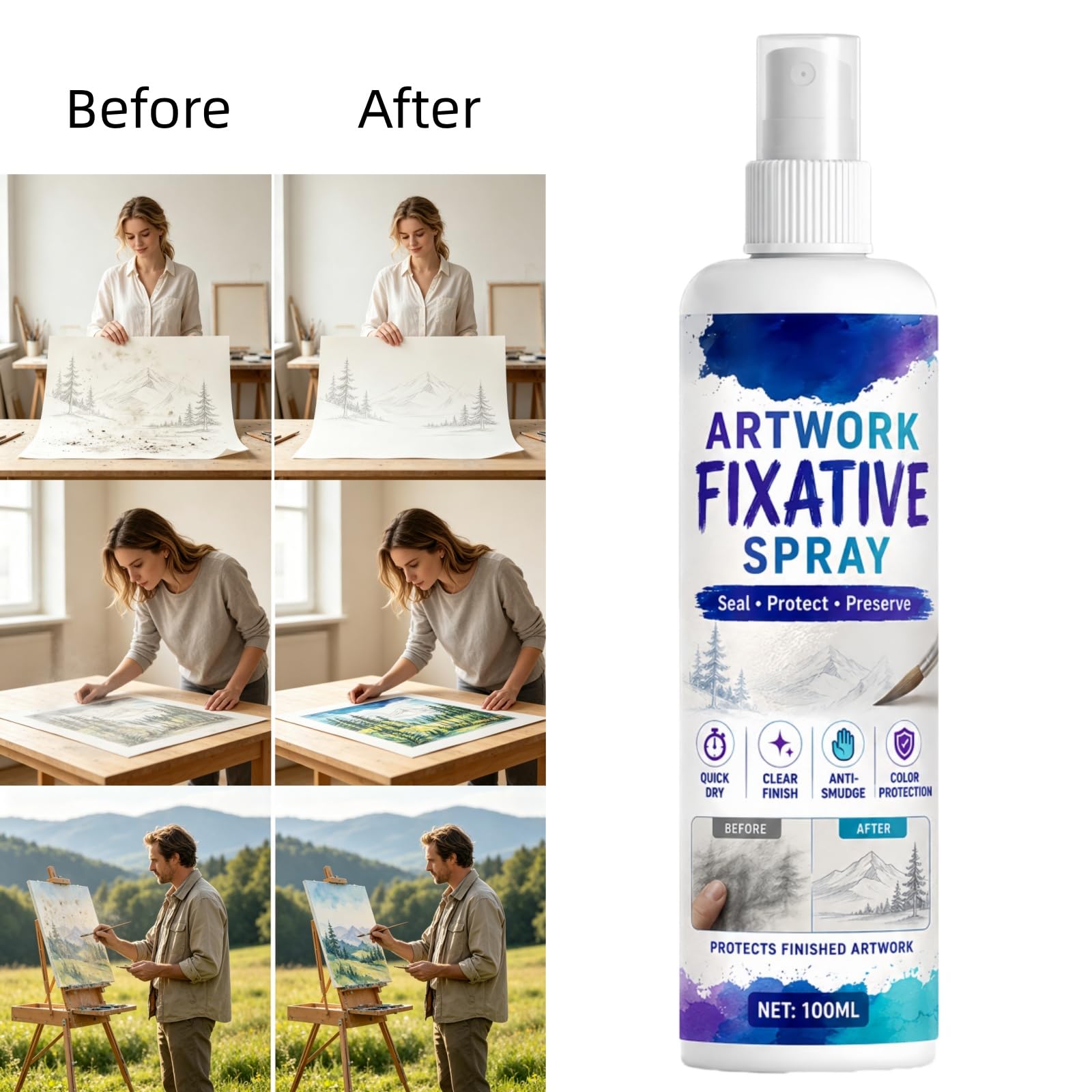 Spray fixatif réalisable pour l'art, fixatif au Pastel à l'huile pour Les Dessins au Fusain et au Crayon, Spray fixateur Anti-Taches, scellant de Finition Mat à séchage Rapide (6pcs)