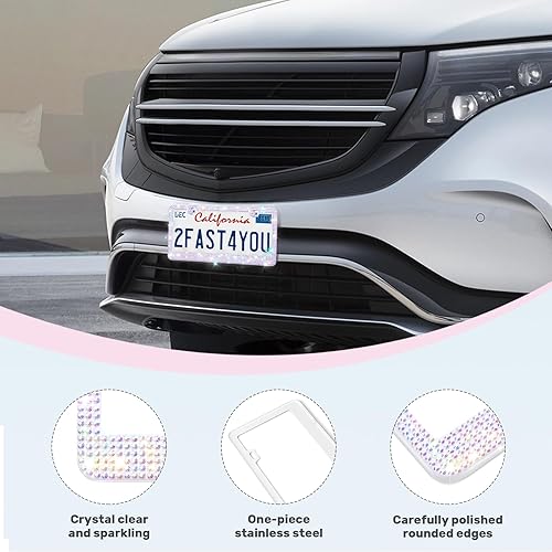 Vista 29 de Paquete de 2 marcos brillantes para matrícula, cubierta de matrícula de automóvil con diamantes de imitación brillantes para mujer, accesorios