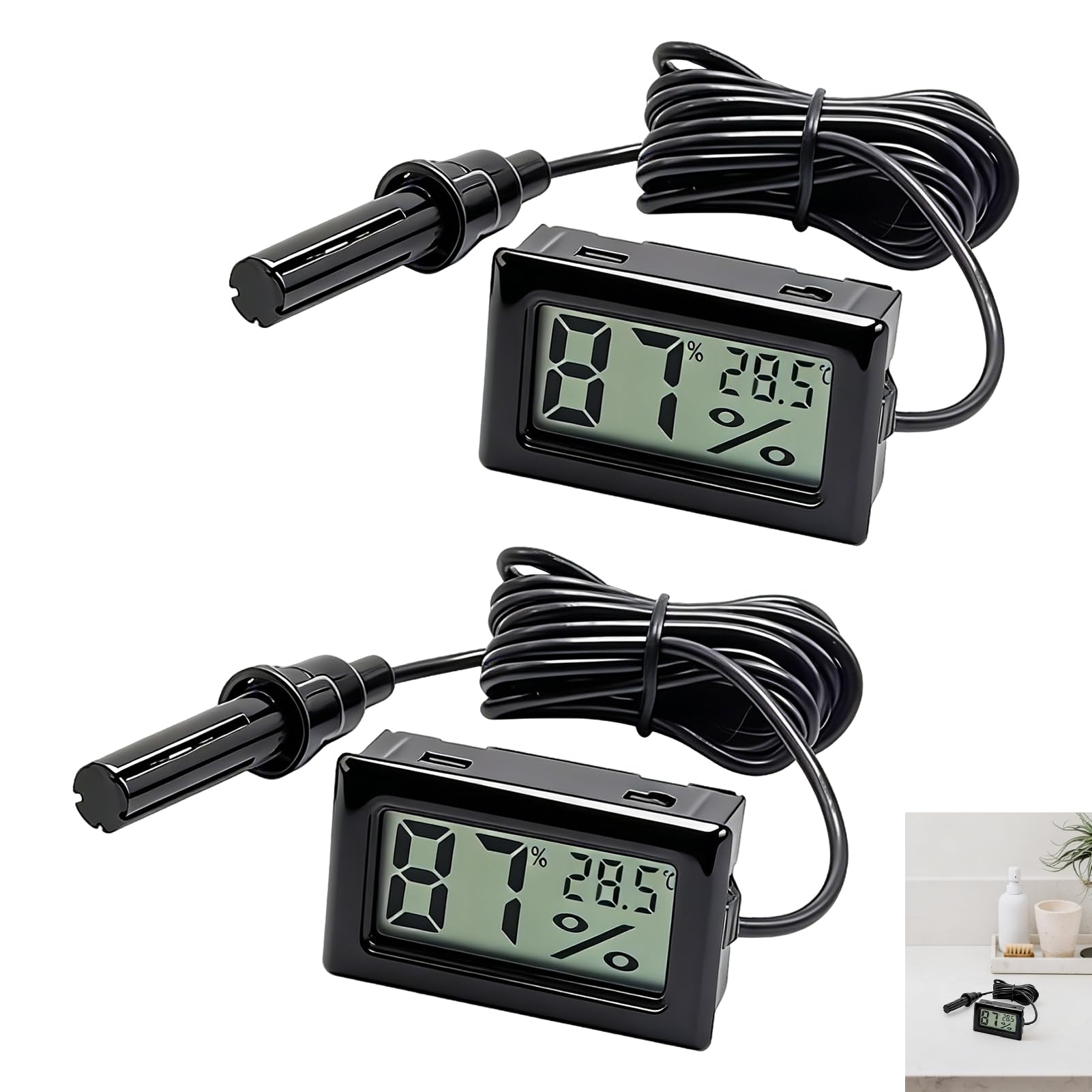 2 Pcs Reptile Thermometer Hygrometer, Digital Thermometer Hygrometer with Probe, Mini LCD Temperature Humidity Meter Embedded Climate Monitor Gauge for Terrarium Aquarium Incubator Greenhouse Black