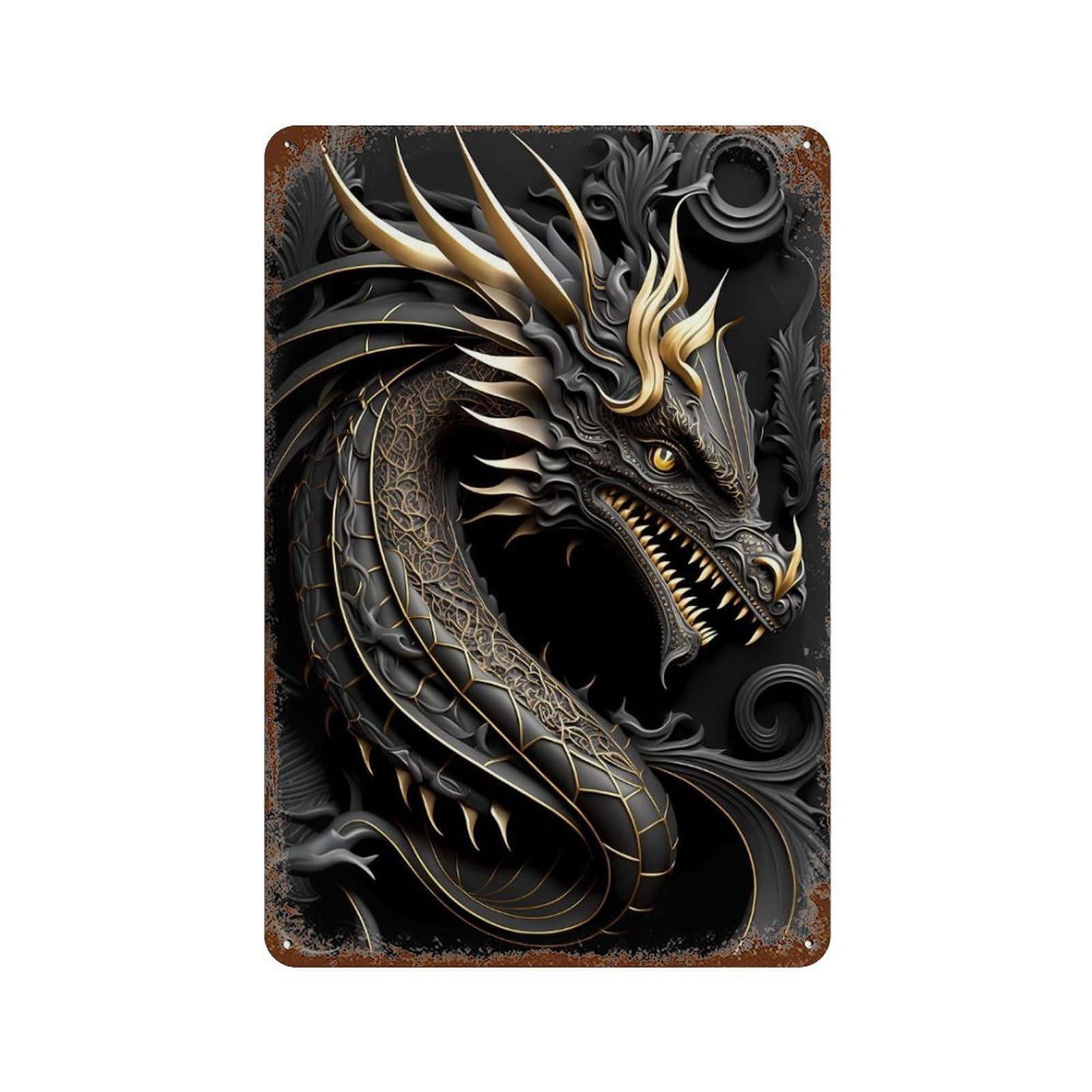 Aged Metal Wall Plaque with King Dragon Art Deco Design 11.8"x7.9", for Shed, Workshop And Garage Wall Decor, Decorative Metal Wall Art
