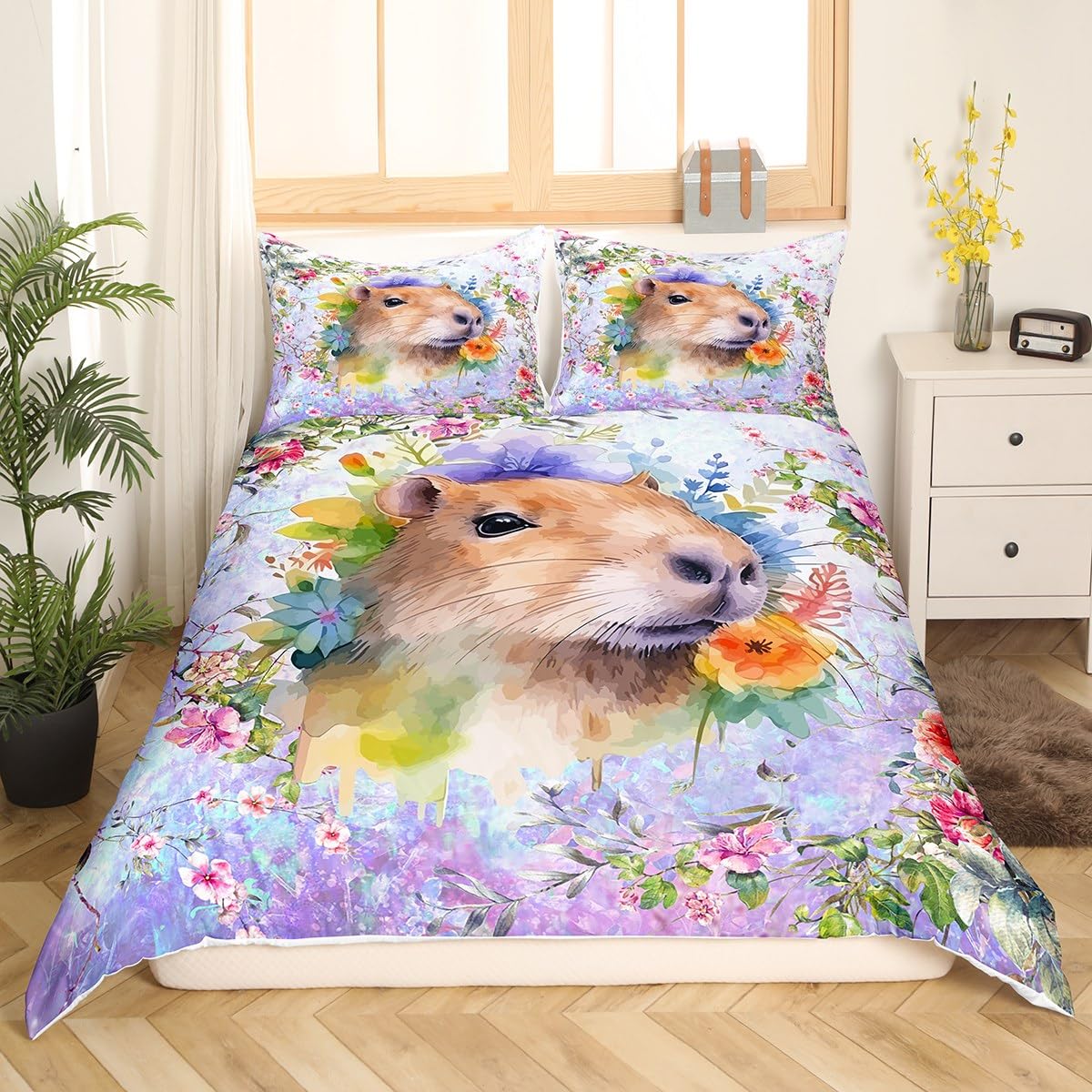 Homemissing Cute Capybara Comforter Cover Brown Capybara Duvet Cover Cartoon Capybara Bedding Set for Kids Floral Capybara Bedspread Cover Botanical Decor Bedclothes Single - Image 3