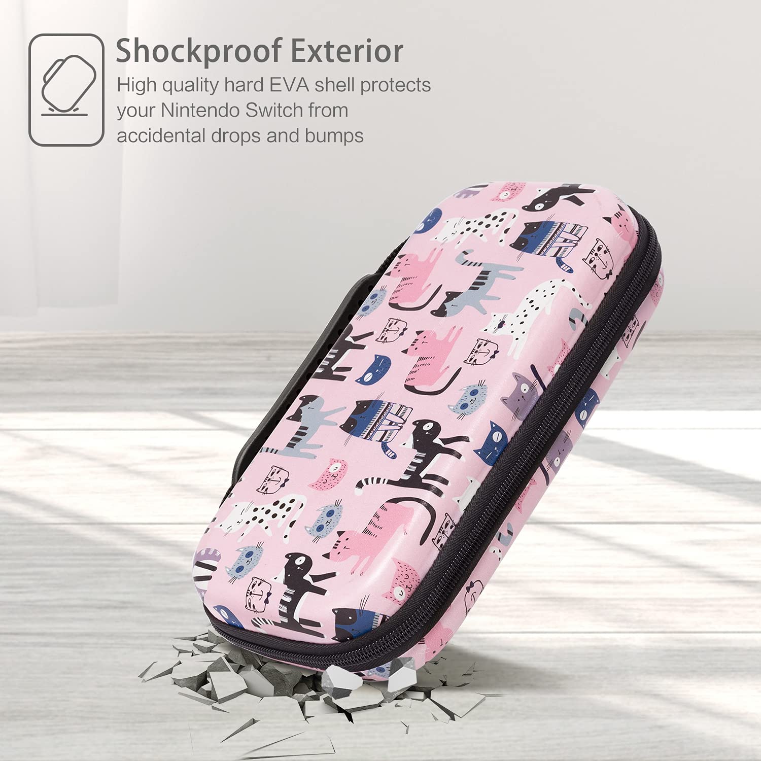 CutebriCase Nintendo Switch Case OLED Model 2021 & 2017, Cat Pink, Hybrid Hard Shell, 16 Game Card Slot, Portable Handle - Image 4