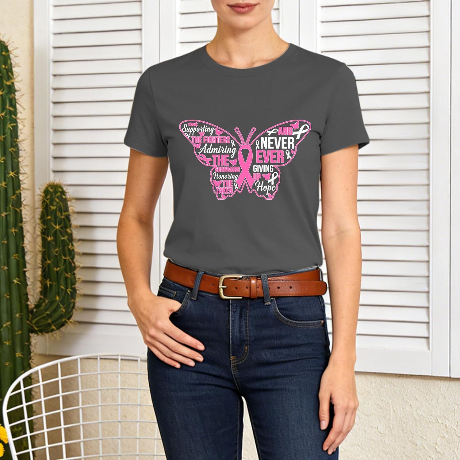 Women's Breast Cancer Survivor Butterfly Tee - Pink Ribbon Hope Slogan Shirt — view 4