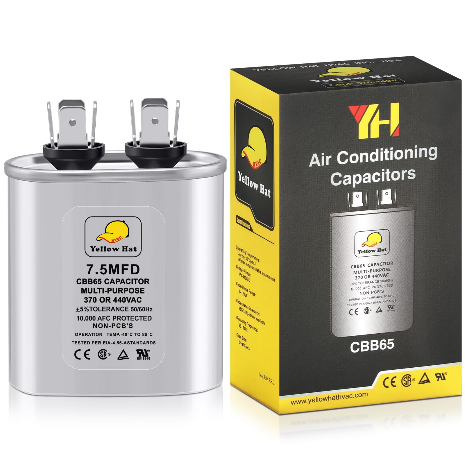 Capacitor for Air Conditioner 7.5 uf MFD 370 or 440 Volt VAC, CBB65 Multi-Purpose Oval Capacitor for AC Motor Run or Fan Motor Start or Condenser Straight