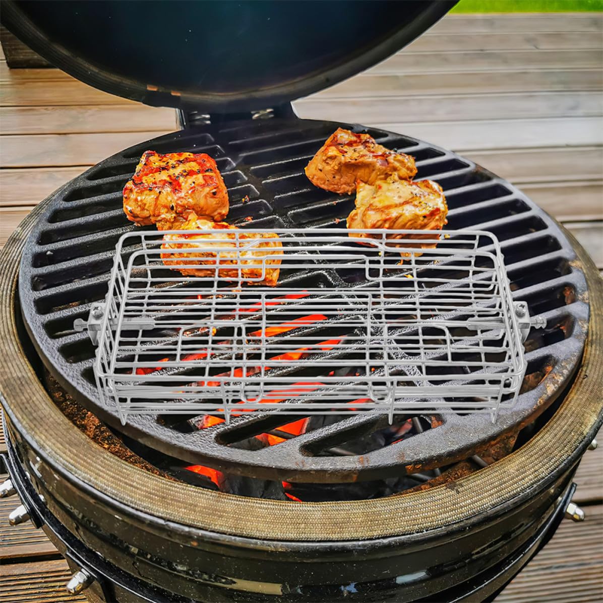 jojofuny Cestello Rotante per Grigliare, Cestello Barbecue per Pesce e Frutti di Mare, Acciaio Inossidabile, Regolabile, Argento, per Bbq All'aperto e Picnic