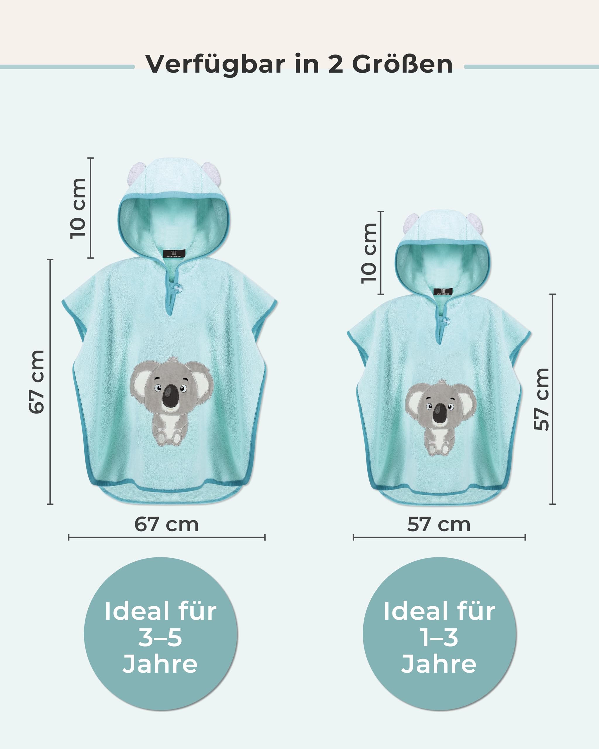 LAYNENBURG Ponczo kąpielowe premium dla dzieci z kapturem – 100% bawełna – Öko-Tex – dla chłopców i dziewczynek, ponczo frotte, Jasnoniebieski - Koala, 3-5 lat