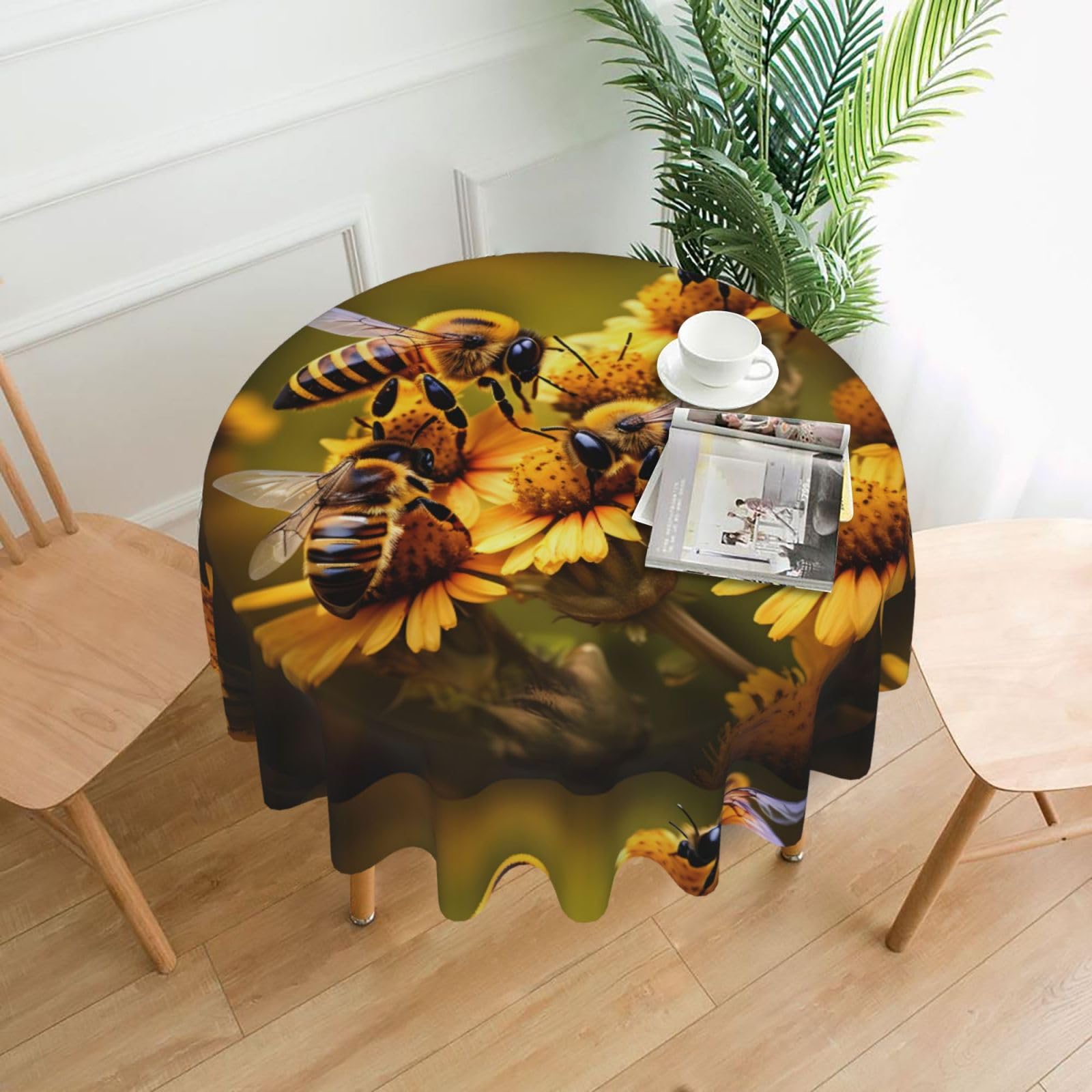 Nbtghga Rural Honey Bees Flowers Print Tablecloth Round Border Table Cloth Cover Decorative For Party Holiday Dinning Tabletop Home