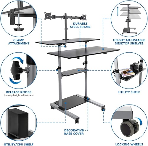 Miniatura 5 de Mount-It! Escritorio móvil de pie con soporte para monitor doble, estación de trabajo de computadora con ruedas ajustable de altura de 40 pulgadas
