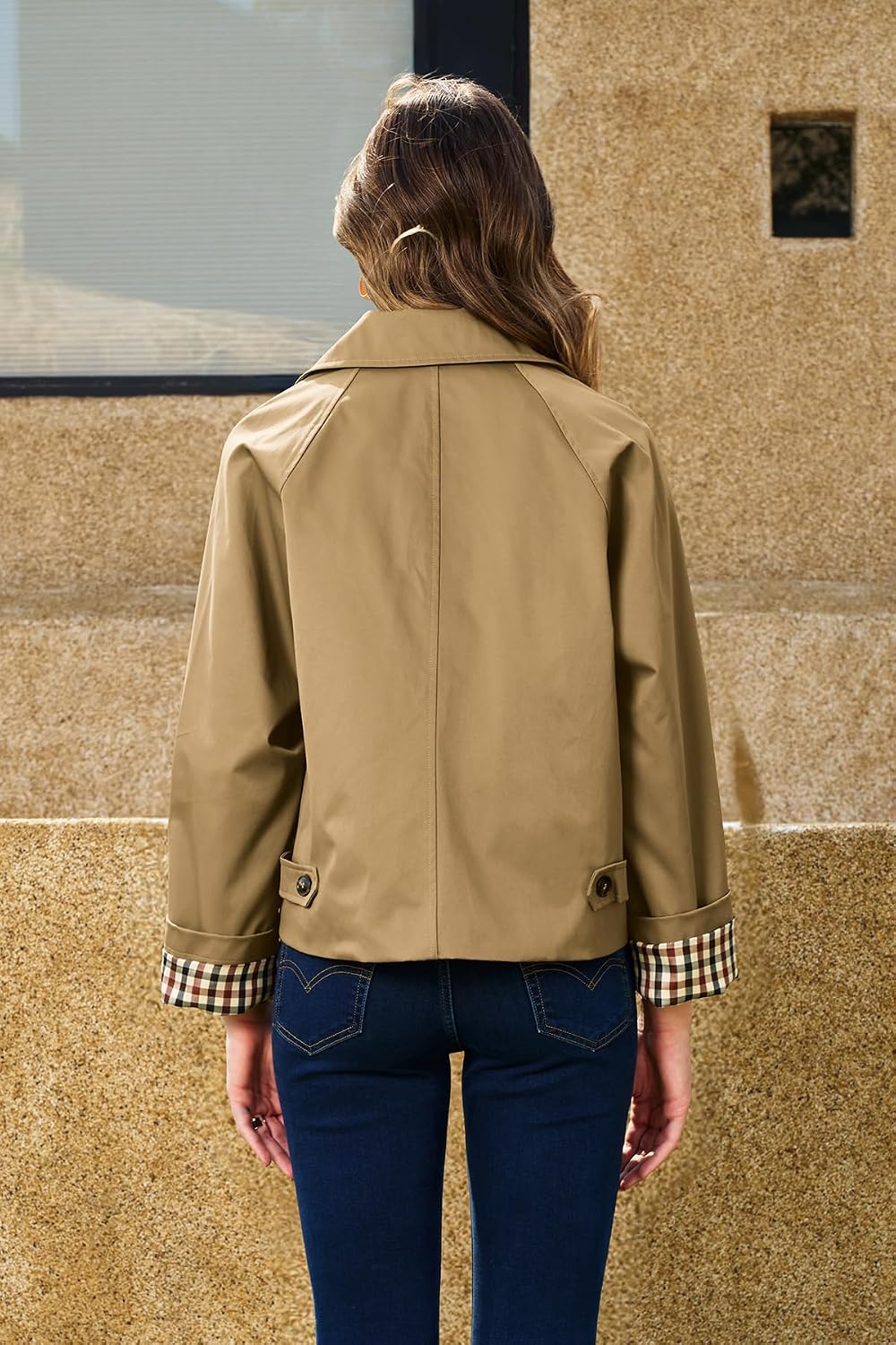 ELLEVEN Women's Oversize Trench Coat Plaid Lining Crop Jackets with Pockets