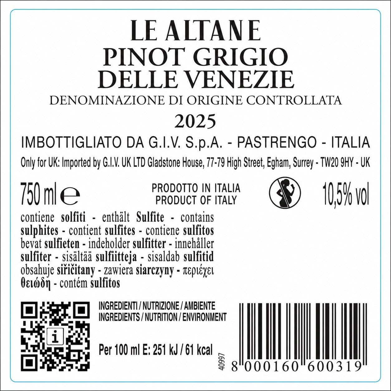 Le Altane Pinot Grigio delle Venezie DOC - Vino Bianco, 750 ml