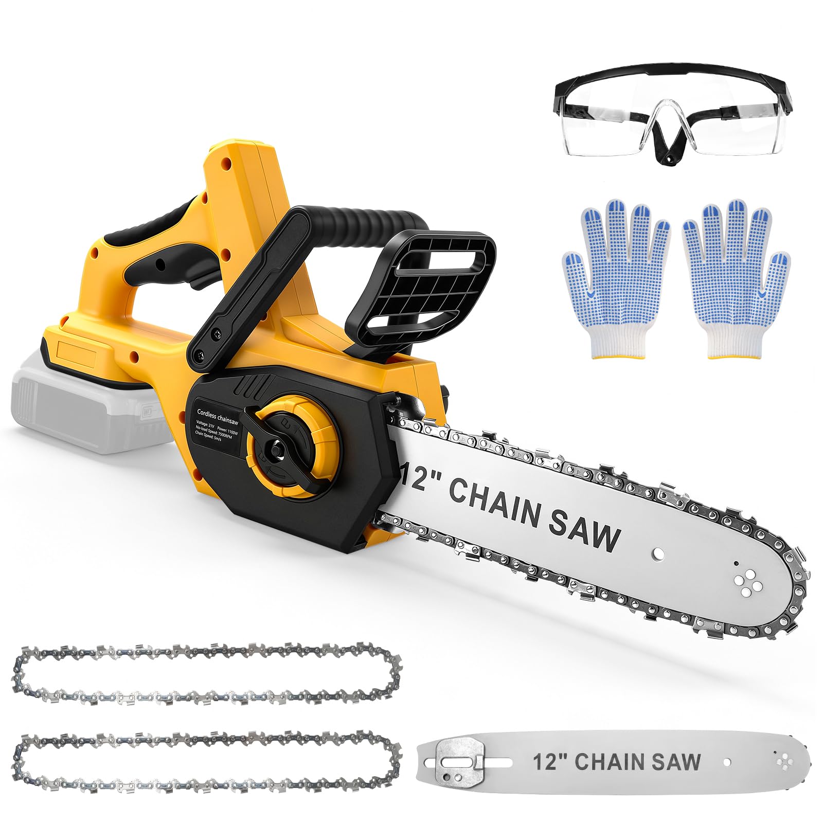 Brushless Chainsaw Cordless 12 Inch Compatible with Dewalt 20V Battery, 30cm Electric Chainsaw with 2 Chains, Automatic Oiling and Tool-Free Tensioning, for Garden Tree Branch Cutting(No Battery)
