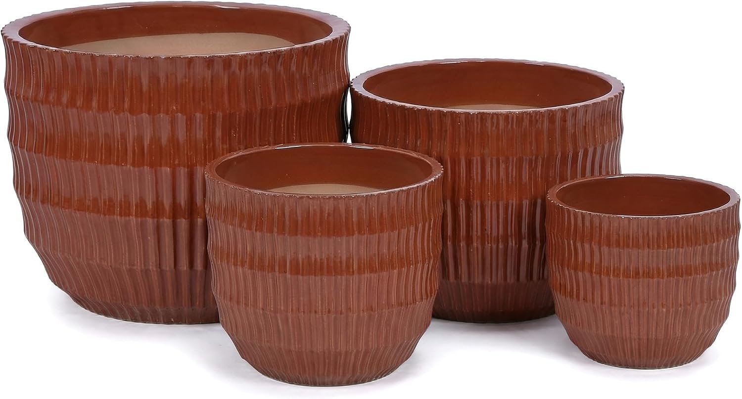 JOCXSPI Set of 4 Ceramic Plant Pots (7/9/12/14 Inch), Large Planters with Drainage, Terracotta Glaze Ribbed Design, Decorative Indoor Outdoor Planters for Home Garden