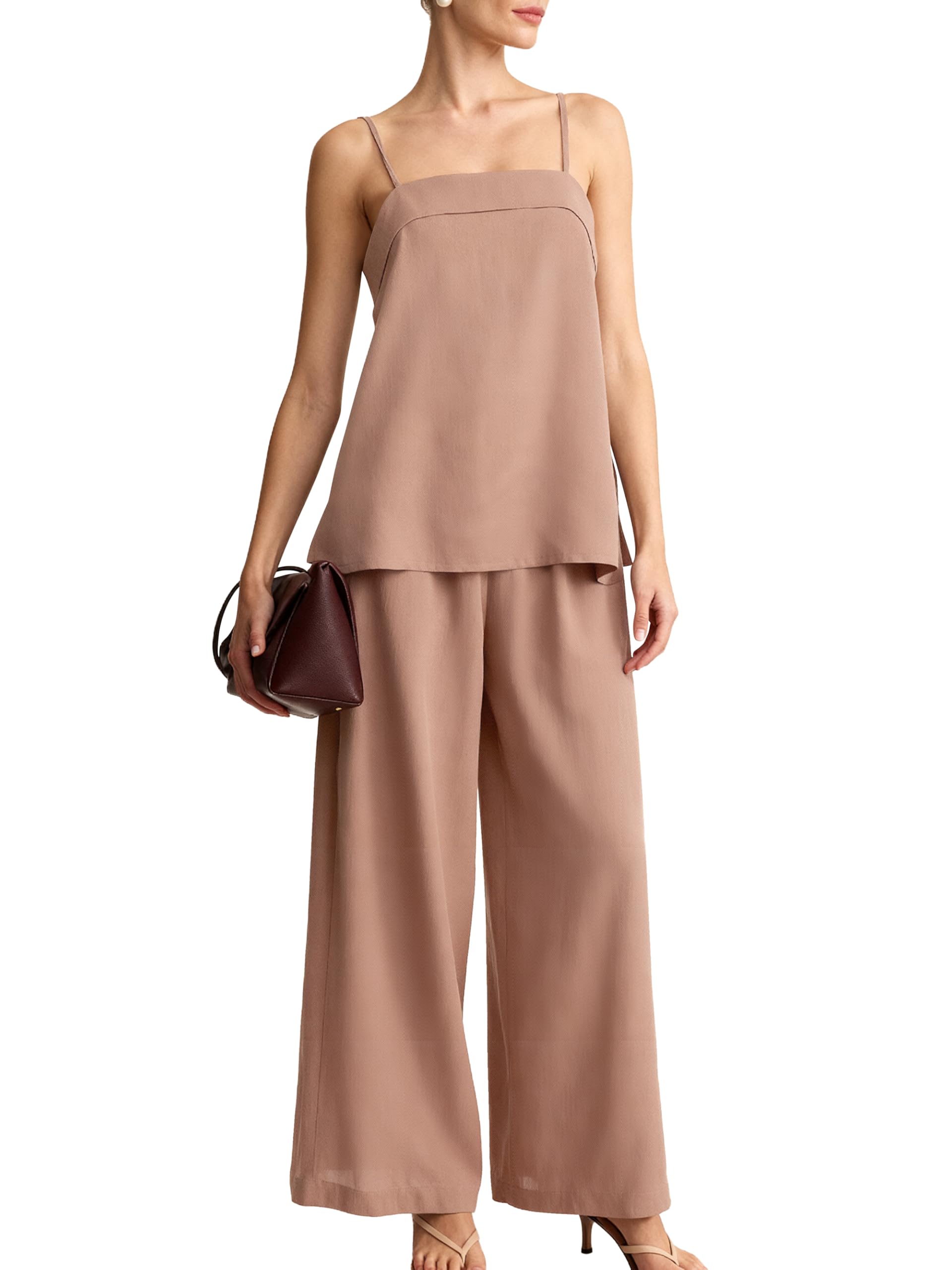 Photo 1 of AlisOker 2 Piece Lounge Sets for Women Spaghetti Strap Tank Top Wide Leg Pants Casual Summer Matching Set Vacation Outfits (Coffee, Large)