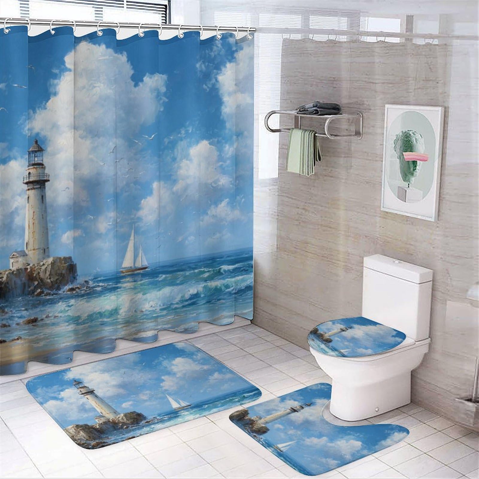 LUYYSKY Colorful Beautiful Summer Lighthouse Shower Curtain Decor Set,Classic Rustic Beach Ocean Waves Lighthouse Ship Seagulls Bathroom Decor Sets With Rugs,Bathroom Shower Curtain Set