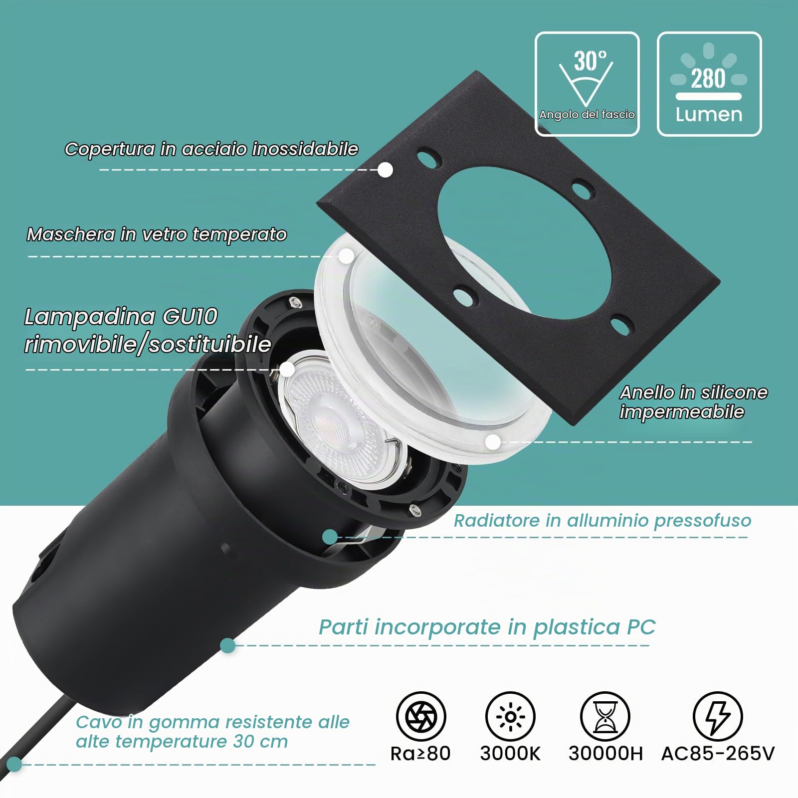 4pcs Faretti Led Esterno per Gu10 3w 230v Bianco Caldo 3000k, IP67 Impermeabile Segnapasso Led Esterno, Segnapassi led esterno per Esterni, Giardino, Terrazza, Cortile, Passerella