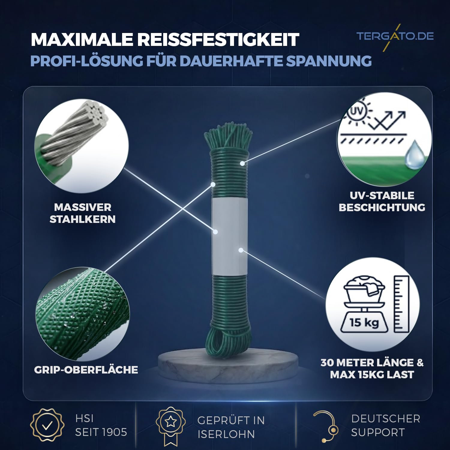 Wäscheleine mit Stahlkern 30m von Tergato - 4mm Durchmesser - Tragkraft bis 15kg - Reißfest & Wetterfest - Inklusive Wäscheleinenspanner - Garten & Balkon - Wäscheleine - Robustes Stahlseil für Wäsche - 3