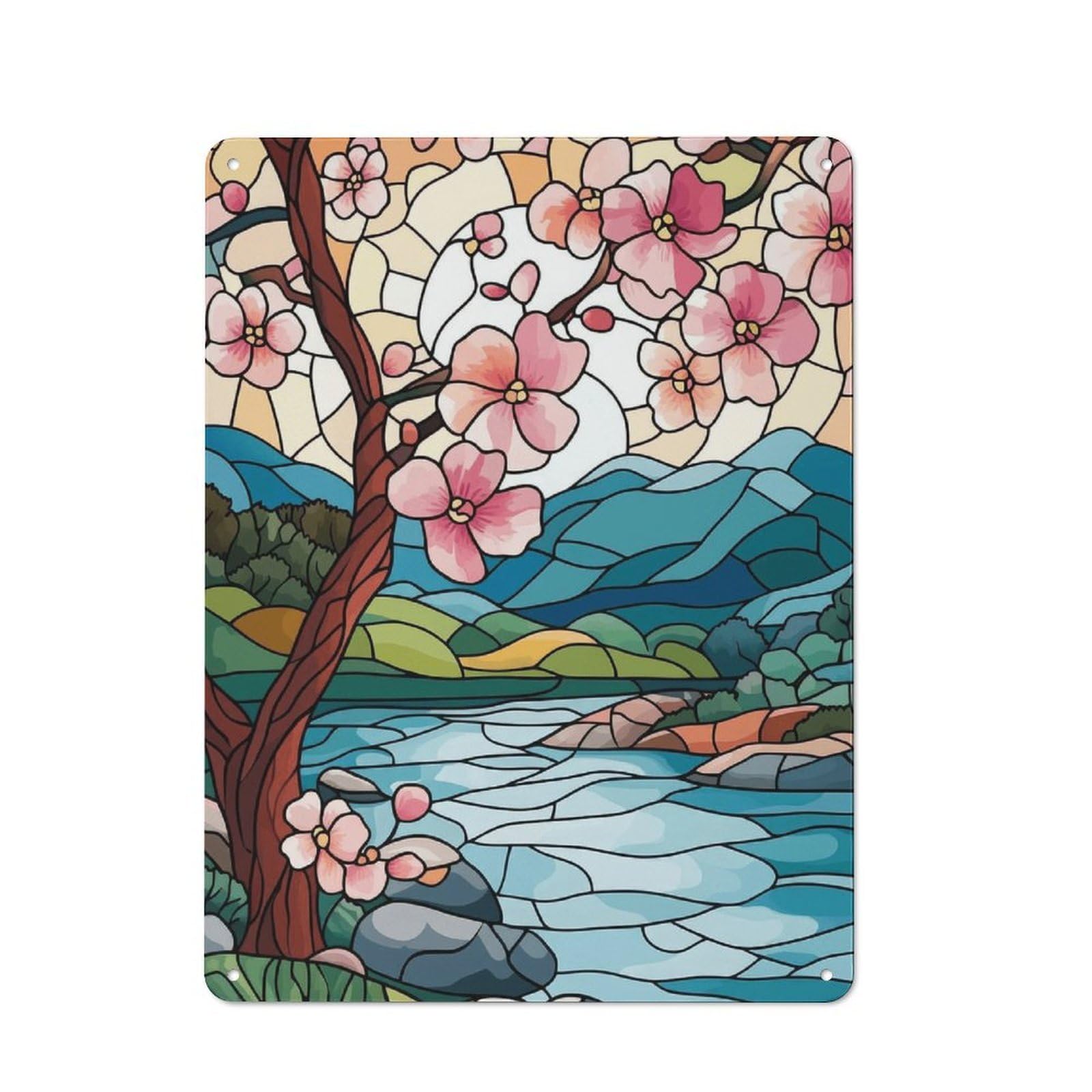 Junmoney Style-22 Stained Glass Nature Scene Retro Tin Sign 40X30cm For Workshop Wall, For Collectors Of Retro Metal Wall Decor