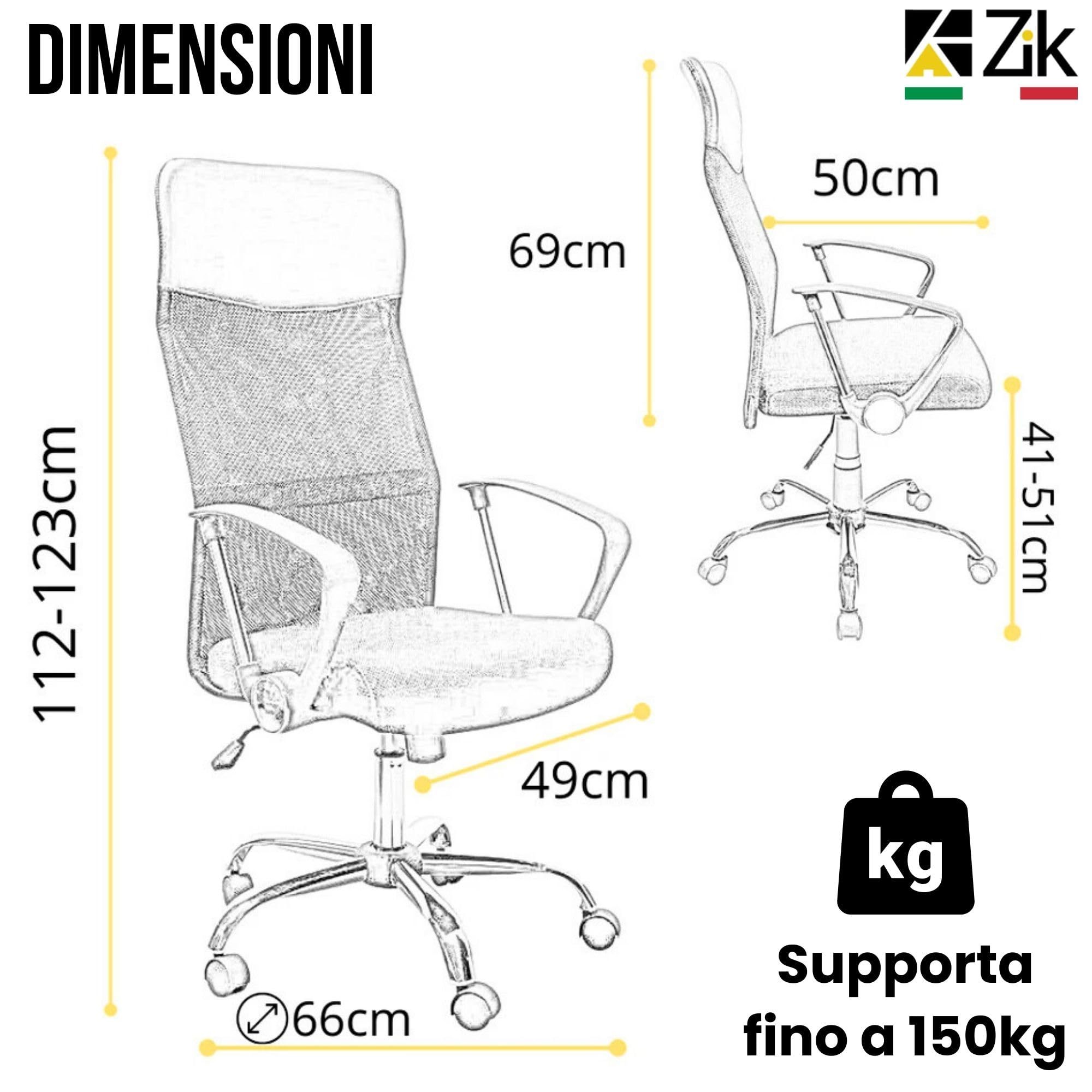ZIK - Sedia Ufficio con Supporto Lombare, Poltrona Ufficio Presidenziale Ergonomica con Ruote per Parquet in Rete Traspirante, Seduta Comoda Imbottita con Gommapiuma 7cm, Sedie con Portata 150Kg
