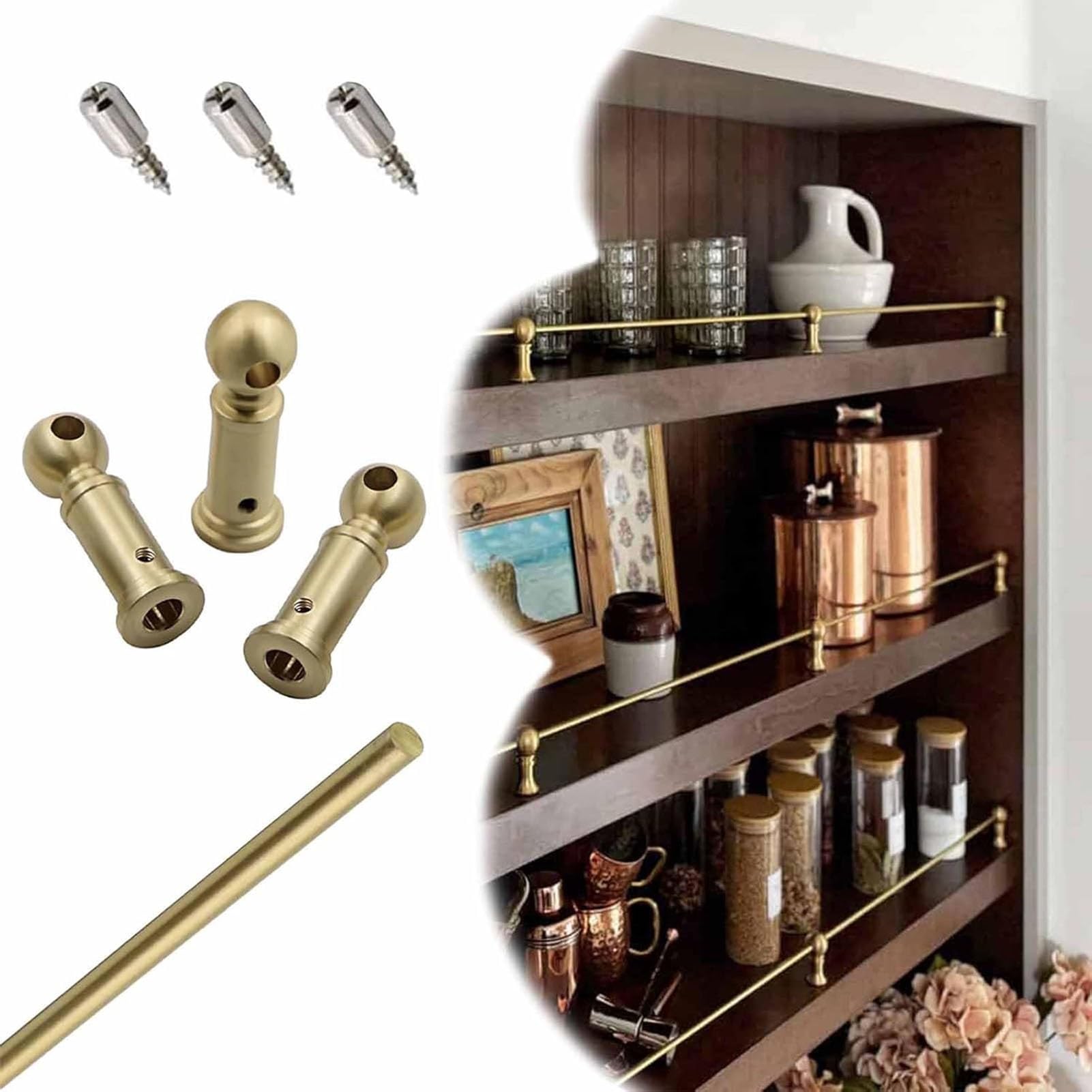 Soportes de estante de latón macizo, ajustables individualmente, con 3 soportes de montaje, varilla de latón de 6 mm, varilla de soporte para librerías, armarios de cocina, despensas, baños y est