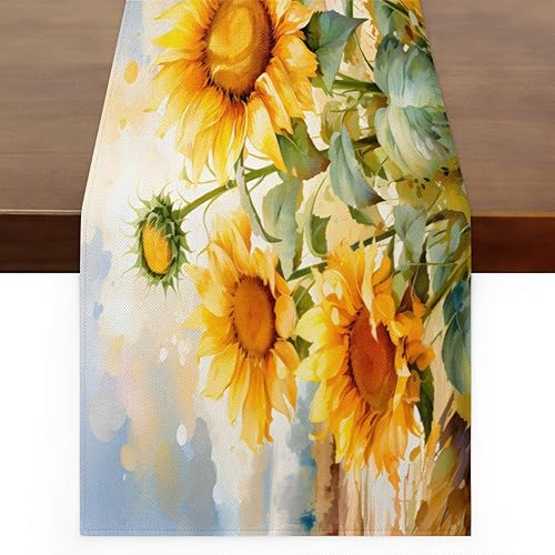 Table Runner Watercolor Sunflower, Autumn Rustic Linen Table Cloth Kitchen Dining Table Decor for Home Party 13 x 72 Inches