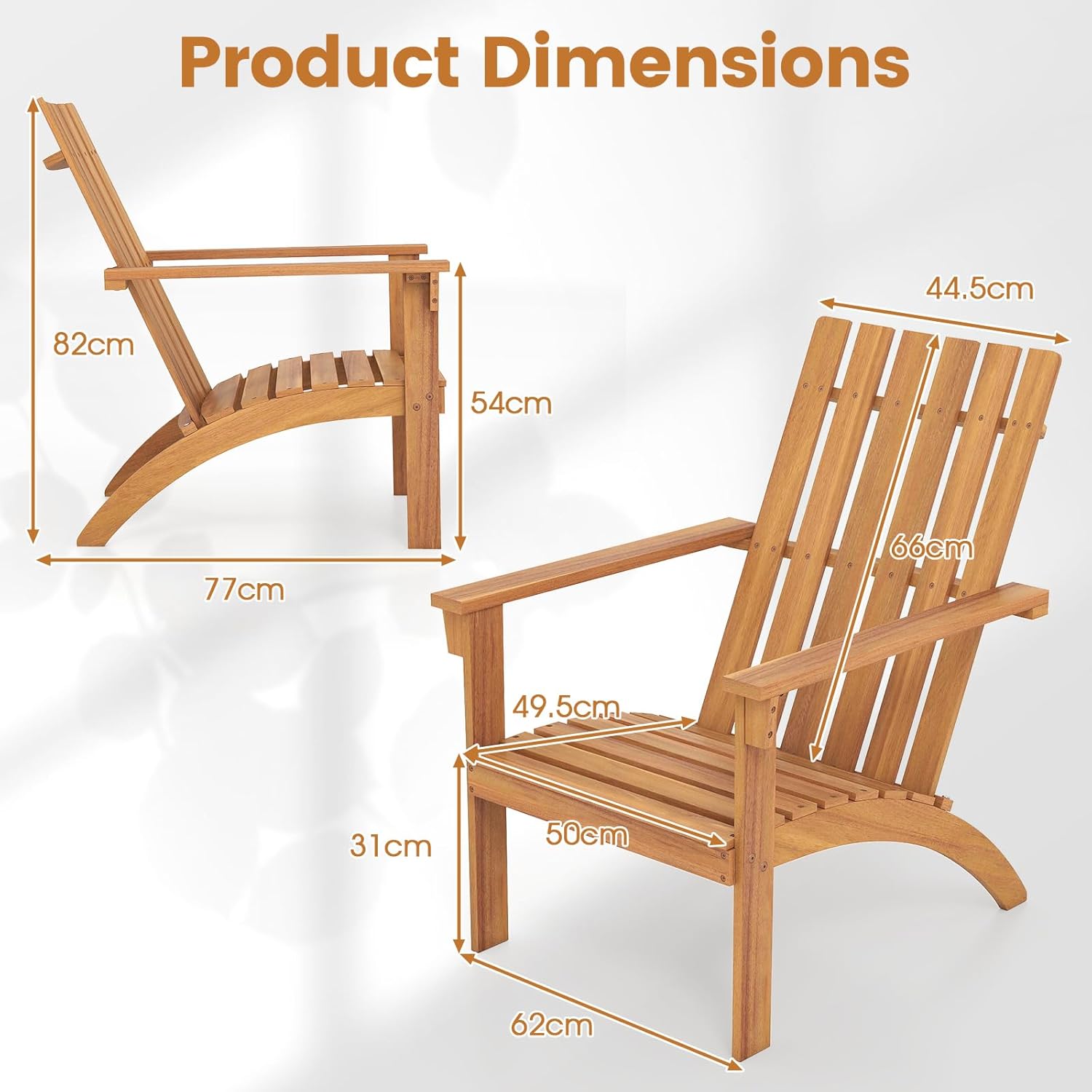 Giantex Adirondack Chair, Acacia Wood Fire Pit Chairs w/Inclined Seat, High Backrest, Ergonomic Outdoor Slatted Patio Chair for Backyard, Poolside, Lawn, Porch