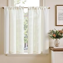 TOPICK Kitchen Curtains with Rod Pocket Bistro Rod Pocket for Living Room Translucent Modern Farmhouse Country Style with Tunnel Linen White Set of 2 65 x 115 cm