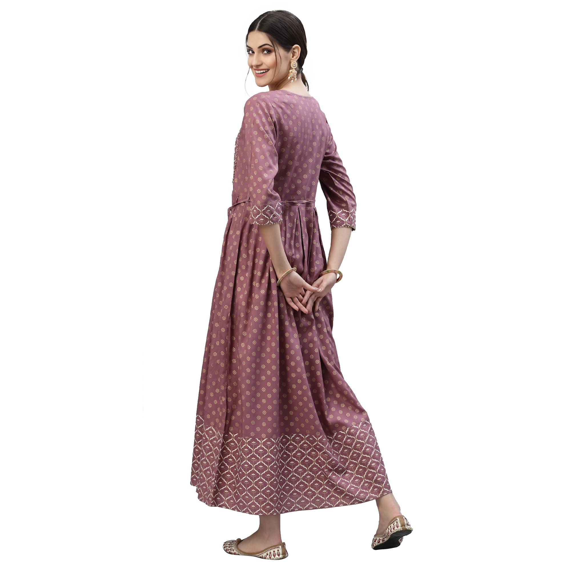 Stylum Women's Gold & Khari Printed Rayon Flared Long Ethnic Dress (Sonymauve36_Purple, S)
