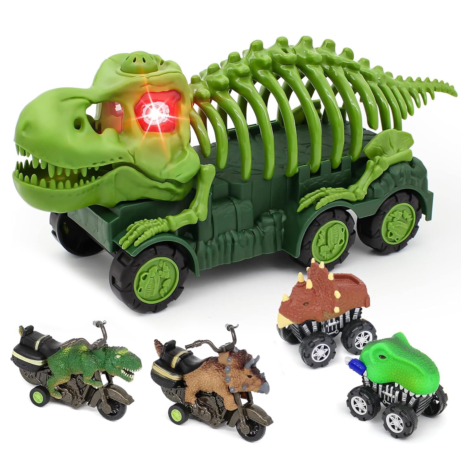 Dinosaur Trucks Toys for 2+ 3 4 5 6 Year Old Boys Birthday Gift Transport Carrier Car Vehicles Toddlers 3-5 with Sound Light, Dino Figure& Eggs Monster Truck Game Dinosaur Play Set for Kids 4-6 Girls