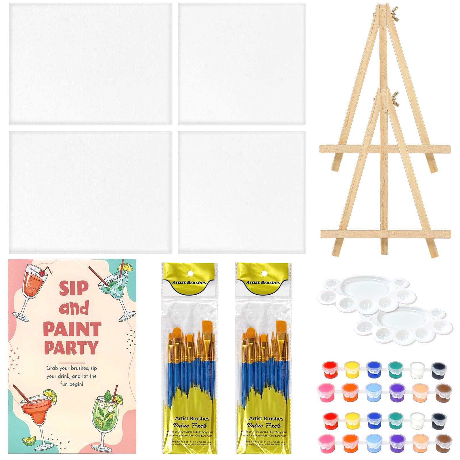 Sip and Paint Kit for Adults, Couples Canvas Painting Set for Date Night, Paint Your Partner Kit with 4 Canvases, 2 Wooden Easels, Paints, Brushes, Palettes and Poster for Party Family Activity