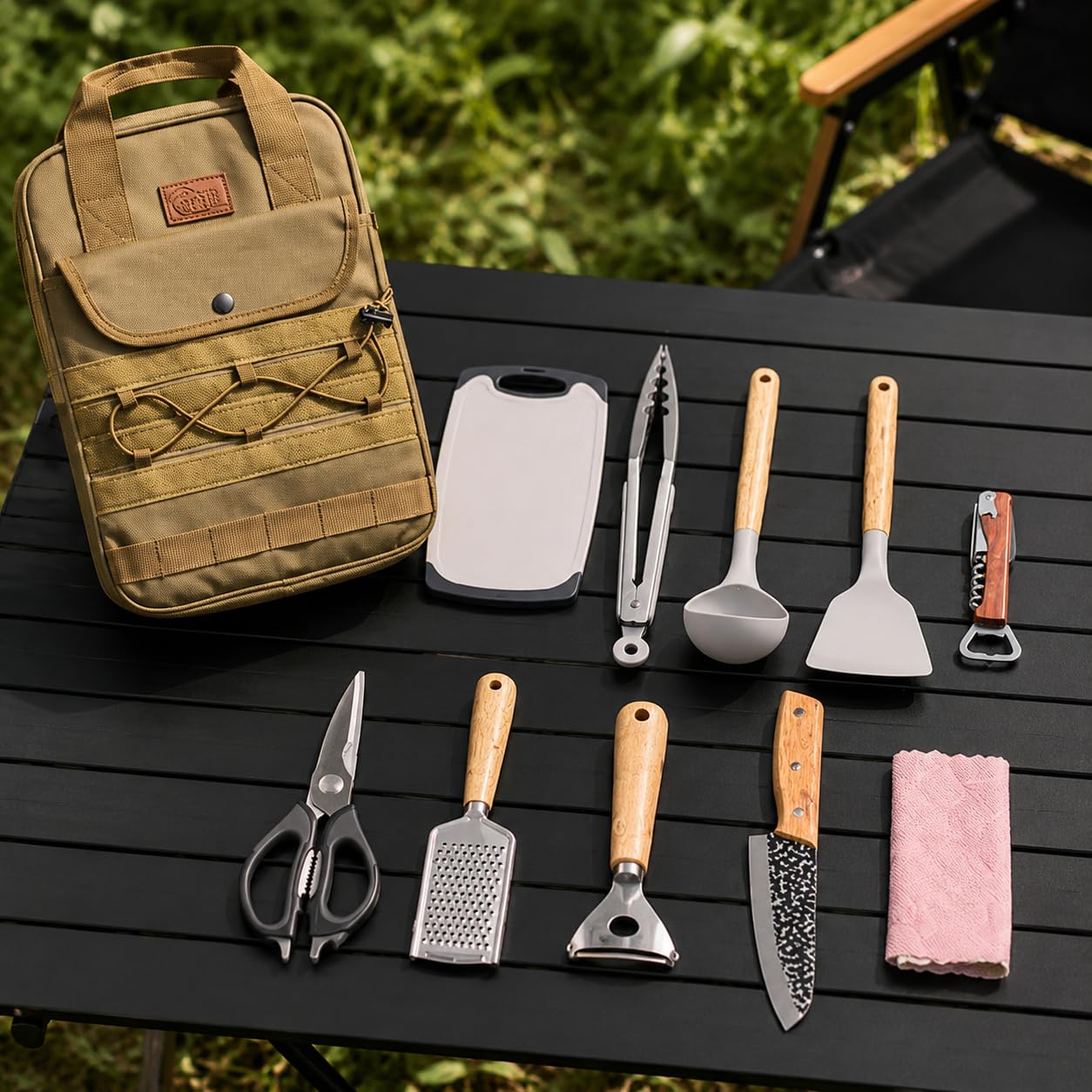 Camping Kochset Edelstahl, Outdoor Küchenset mit robuster 600D Textiltasche, faltbares Besteck, für Motorhome & Picknick