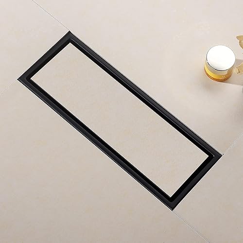 Miniatura 3 de DEOKXZ Tubo de drenaje de ducha lineal negro de 12 pulgadas con rejilla de inserción de azulejos, cubierta oculta desmontable, drenaje de piso