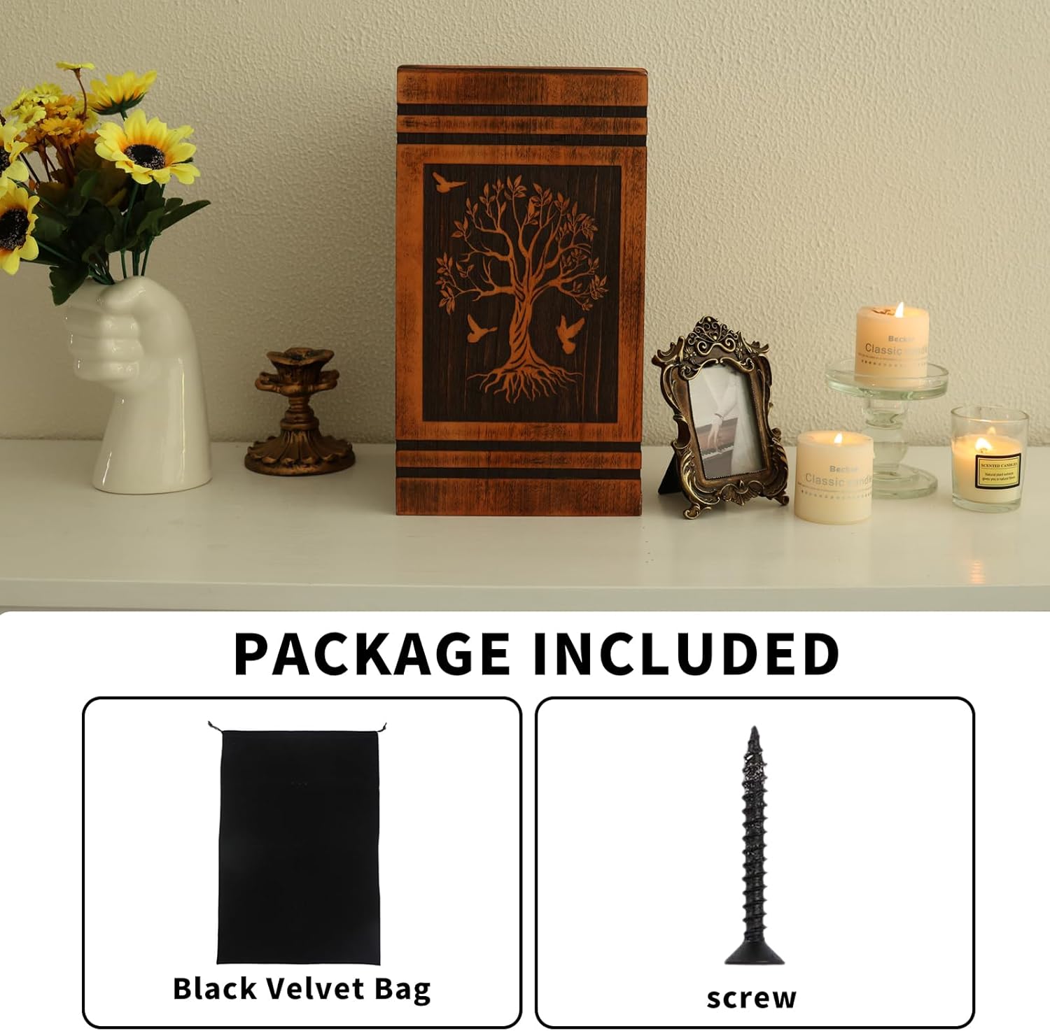 Wooden Cremation Urns for Human Ashes Adult Female Male, Handcrafted Solid Wood TSA Approved Tree of Life Urn for Ashes for Women with Bag, Large Size, 300LBS - Image 6