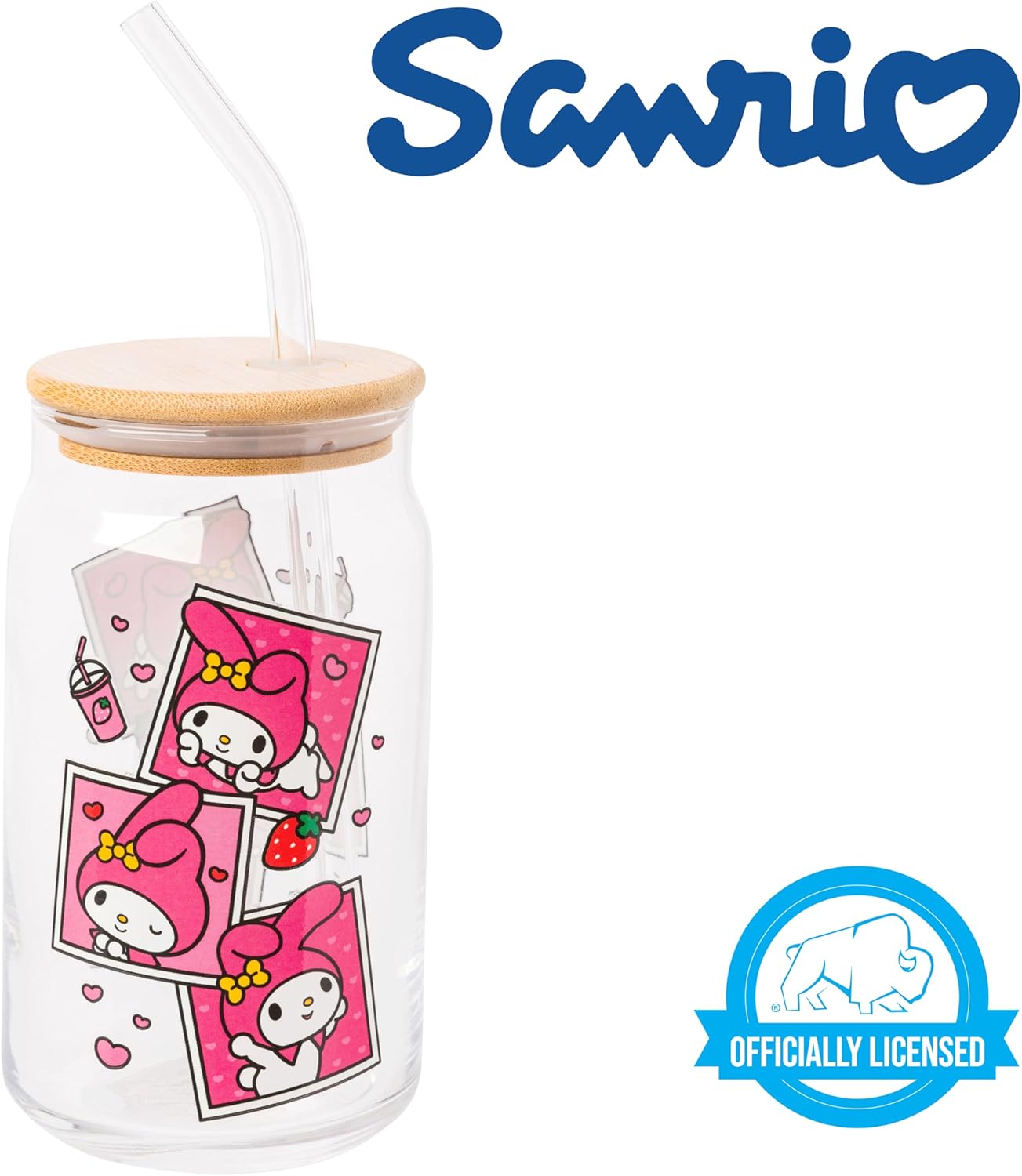 Silver Buffalo Sanrio Hello Kitty and Friends My Melody Polaroids Glass Jar Tumbler with Bamboo Lid and Glass Straw, 16 Ounces - Image 7