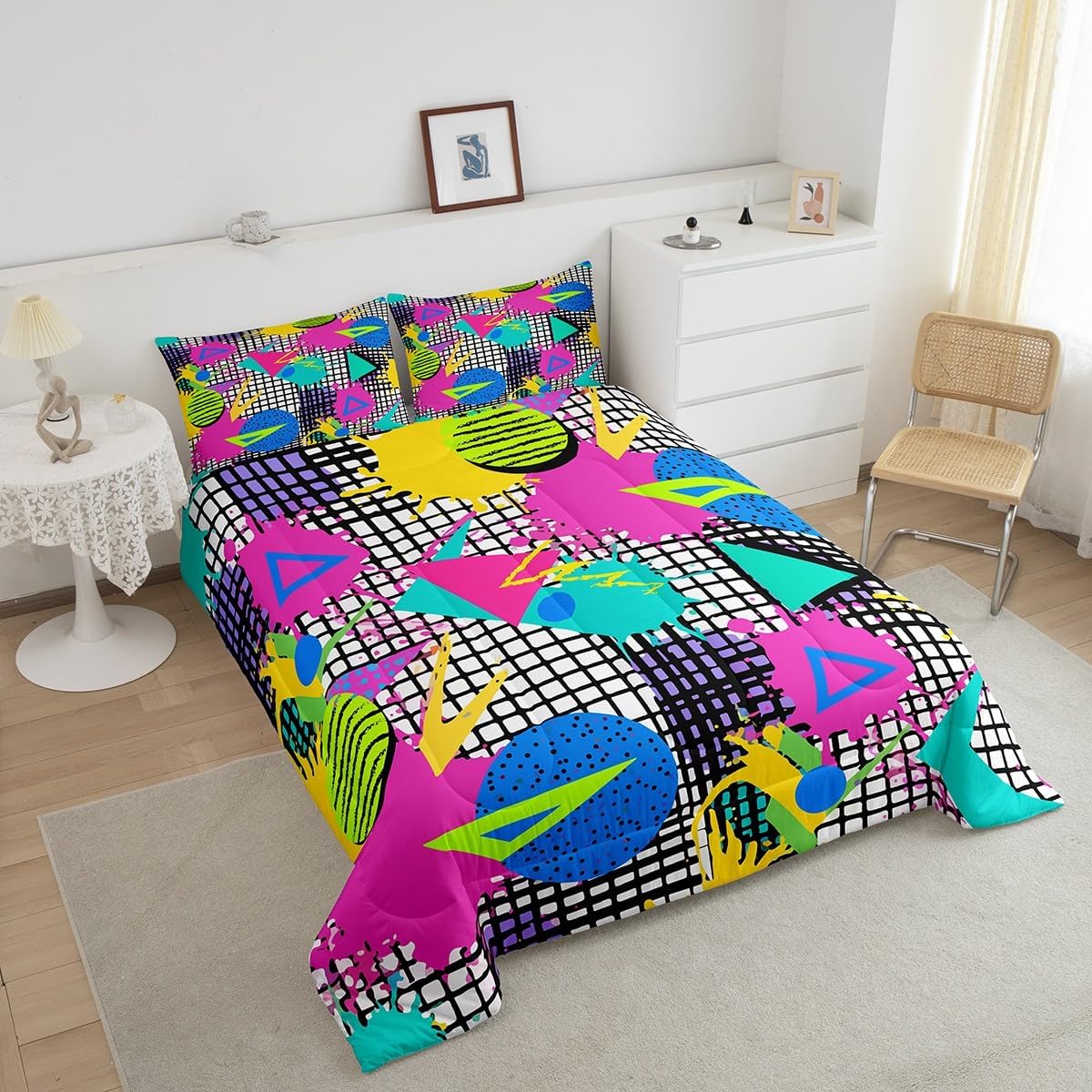 80s Bedding Set Memphis Pattern Old Fashion Quilt,Vintage 90s Memphis Style Comforter Set Abstract Geometric Pattern Retro Duvet Insert Full,Rainbow Urban Modern Circles Triangle Room Decor
