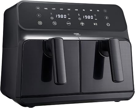 Cooks Professional 8 Litre Dual Digital Air Fryer with Double Twin Basket | Stainless Steel Energy Saving Instant Fryer with Double Drawers & Preset Functions | 8L Capacity XL | Black