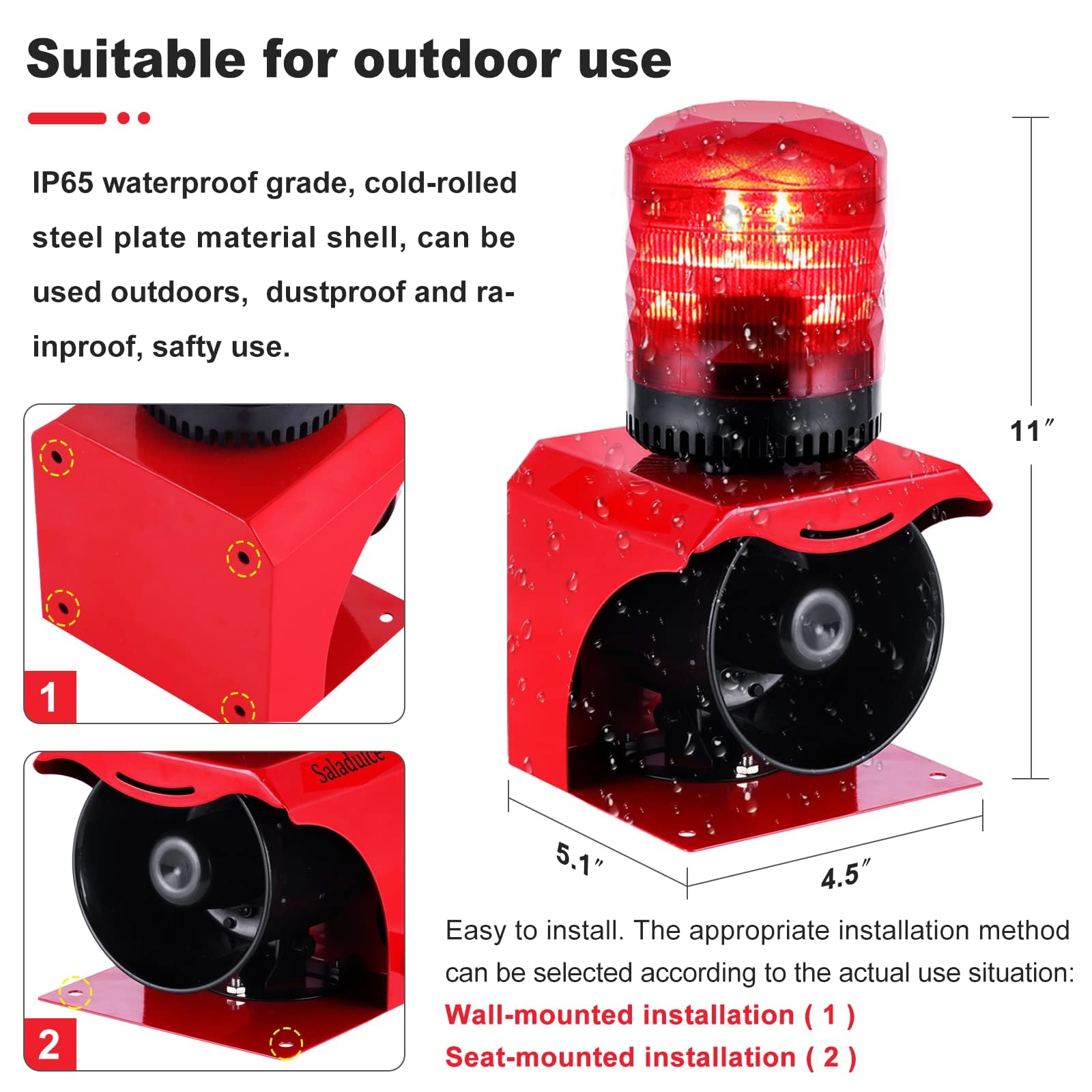Alarma de Sirena Industrial de 120db, Volumen y Tono Ajustable IP65 Alarma de Sonido y luz al Aire Libre con Control Remoto DC12V-24V