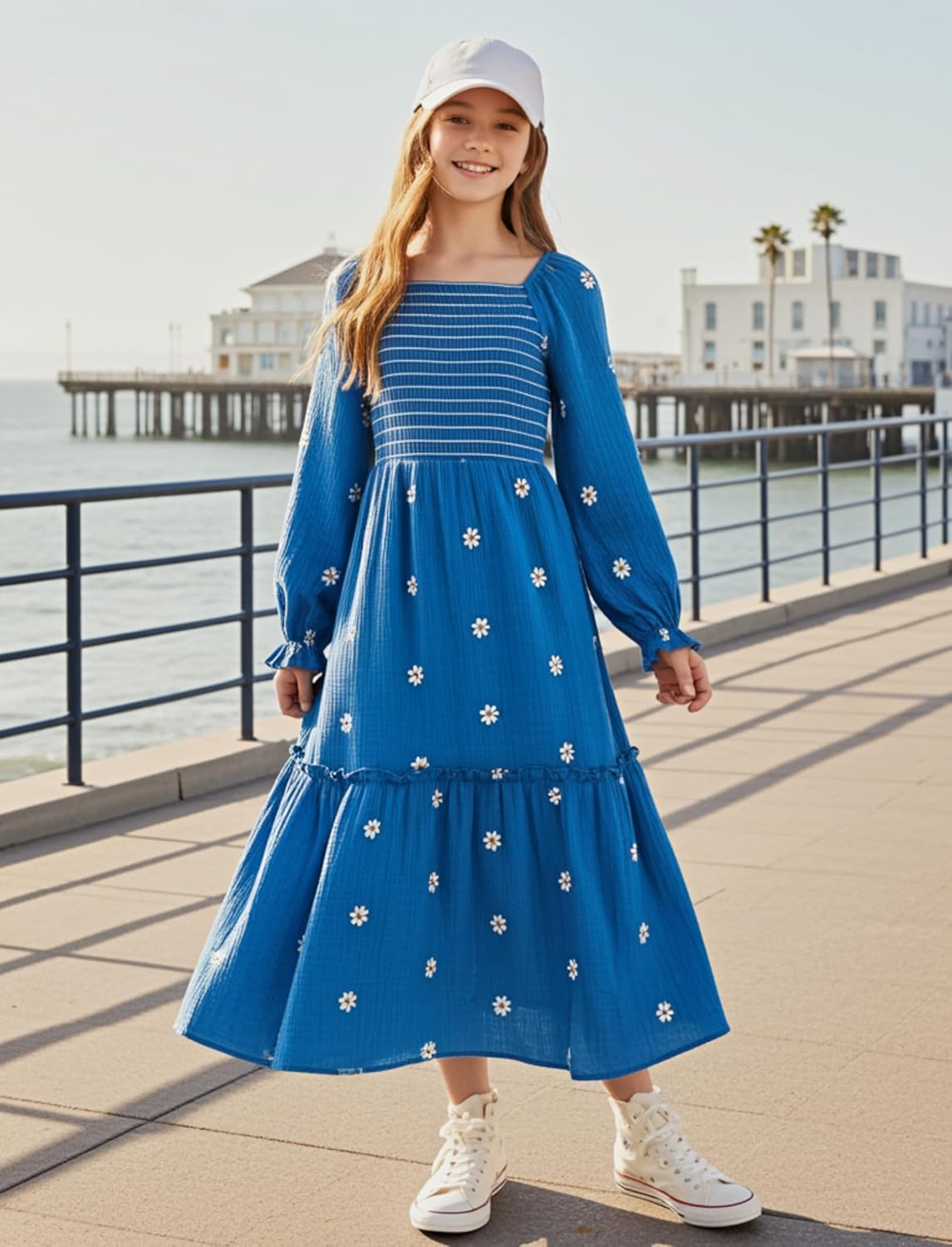 Sunny Spirit Girls Dresses Spring Maxi Tween Boho Floral Long Puff Sleeves Square Neck Embroidered Smocked Dresses 5-14 Years - Image 3