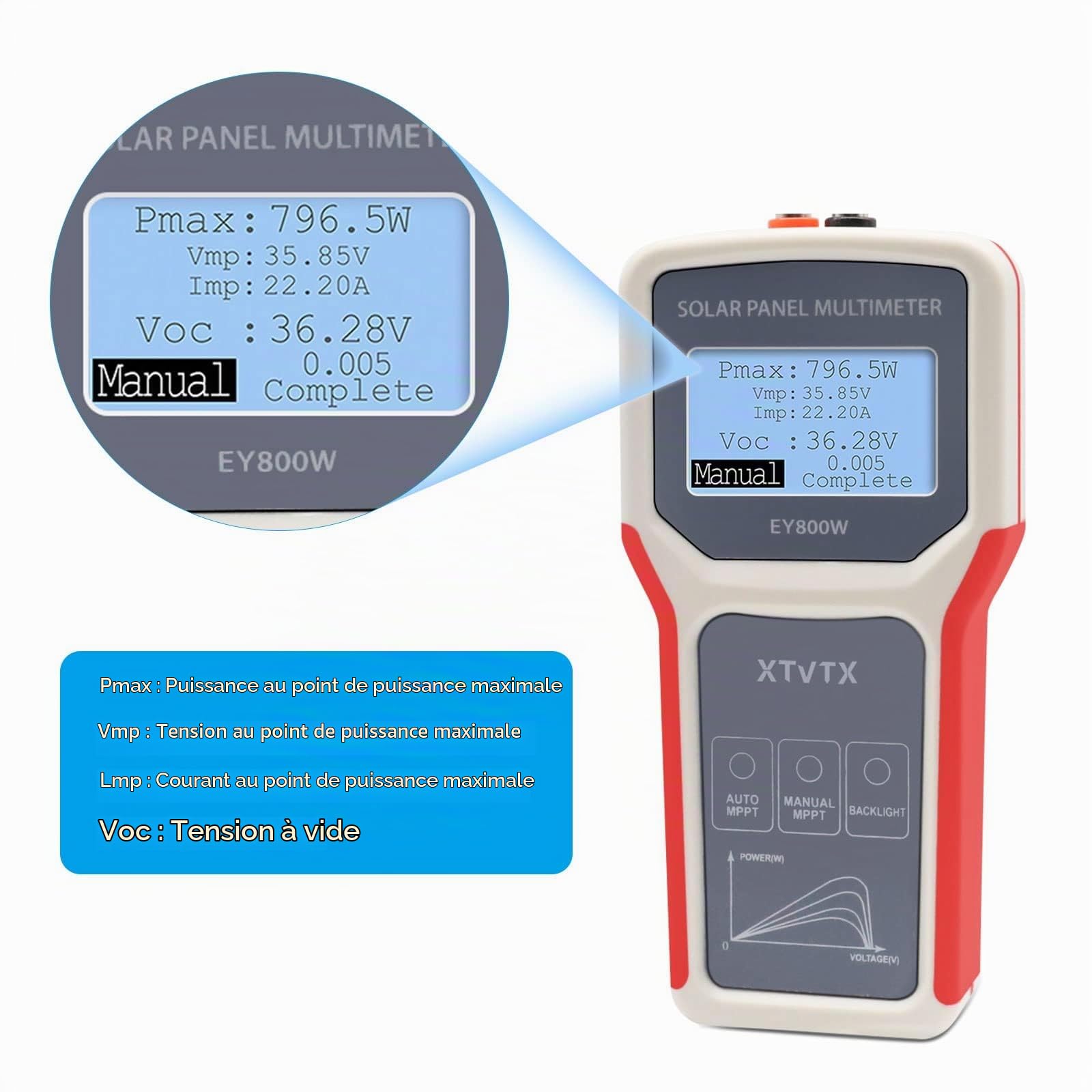 Testeur de panneau solaire, multimètre de panneau photovoltaïque style amélioré EY800W, avec écran LCD ultra clair