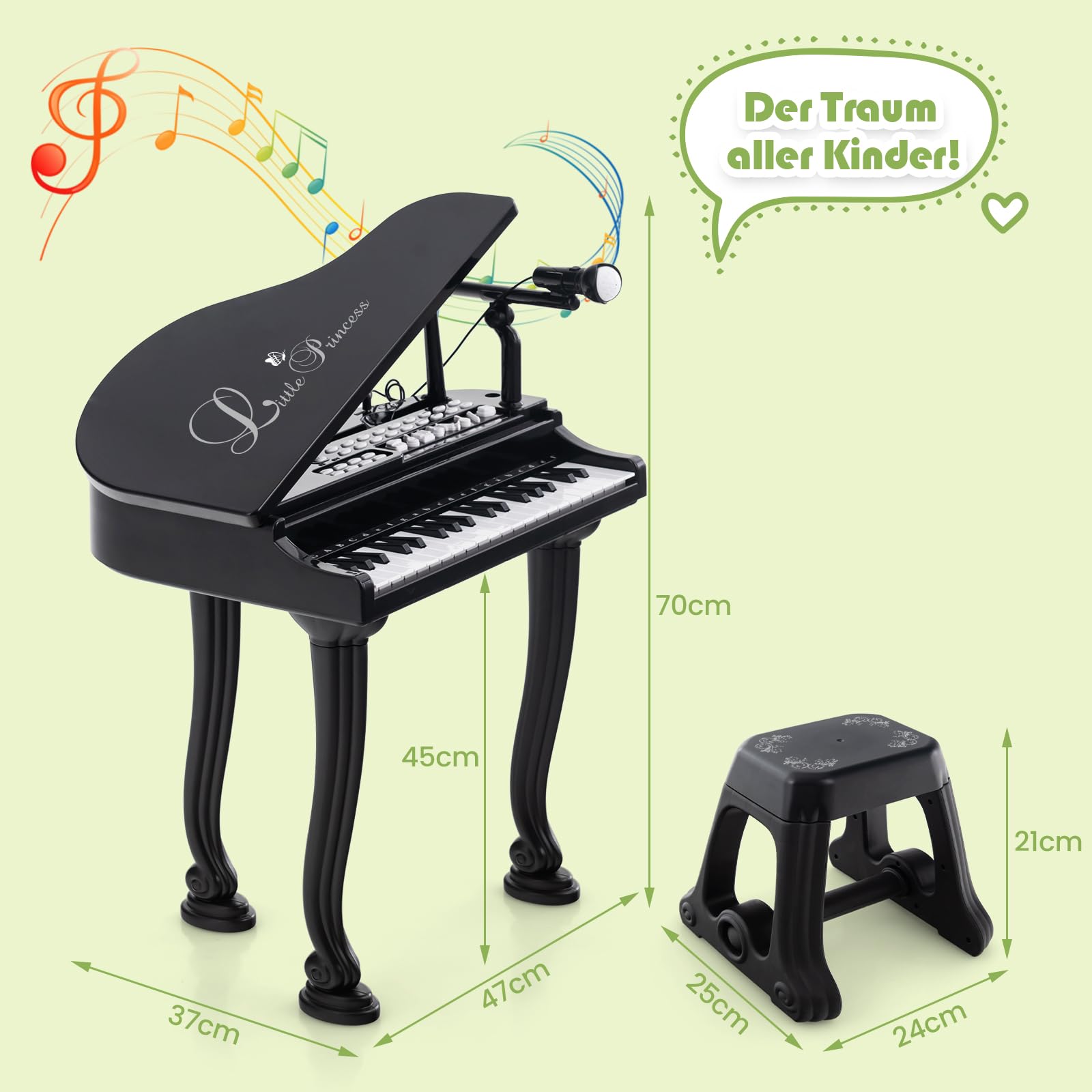 GOPLUS Kinder Keyboard mit 37 Tasten, Mini E-Piano mit LED Lichter, Mehreren Sounds, verstellbarem Mikrofon & Hocker, Elektronisches Klavier für Mädchen & Junge ab 3 Jahre (Schwarz)